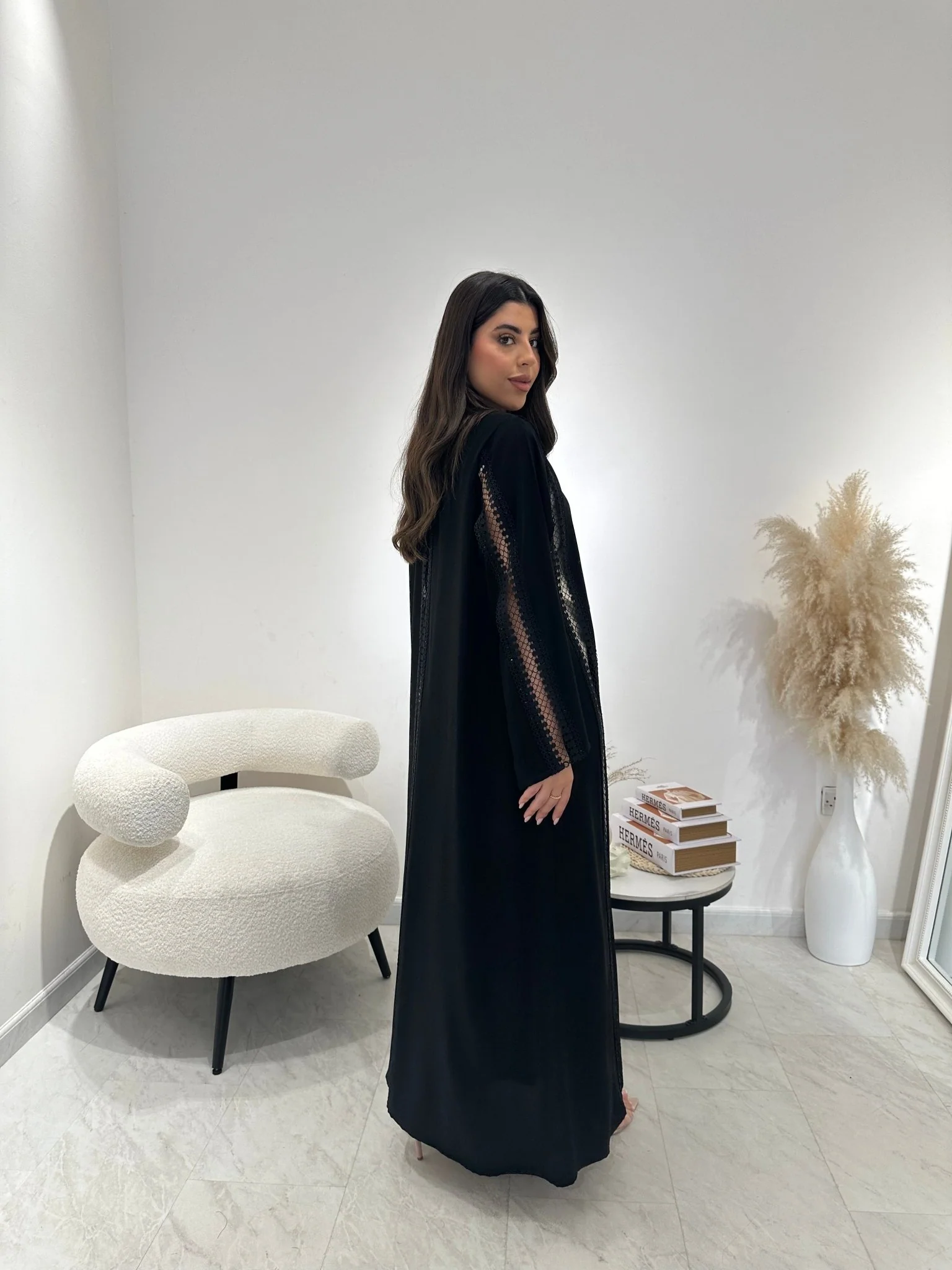 C 1315 Black Crystal Lace Abaya - Image 6