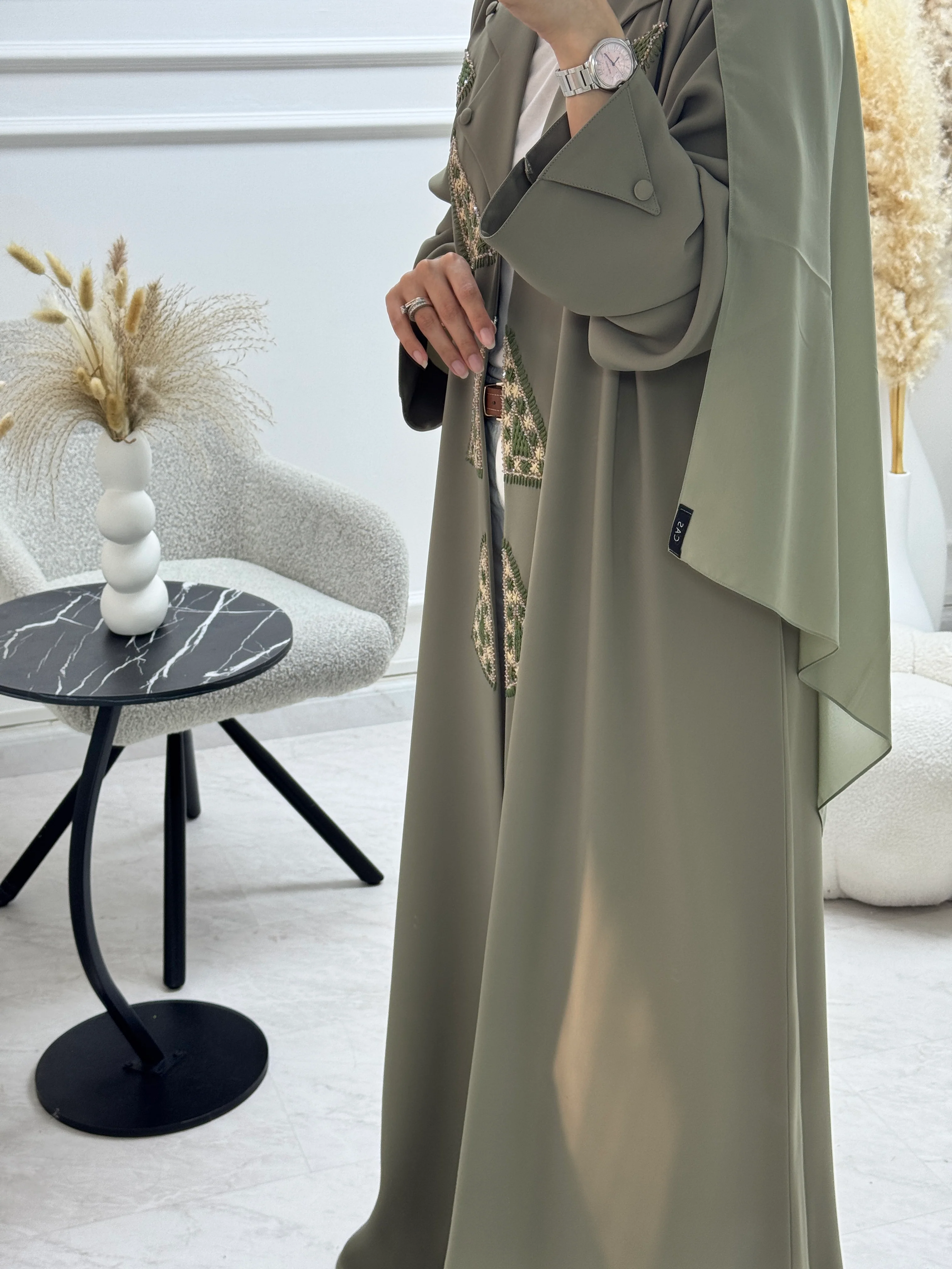C 1326 Olive Green Embroidered Abaya - Image 8