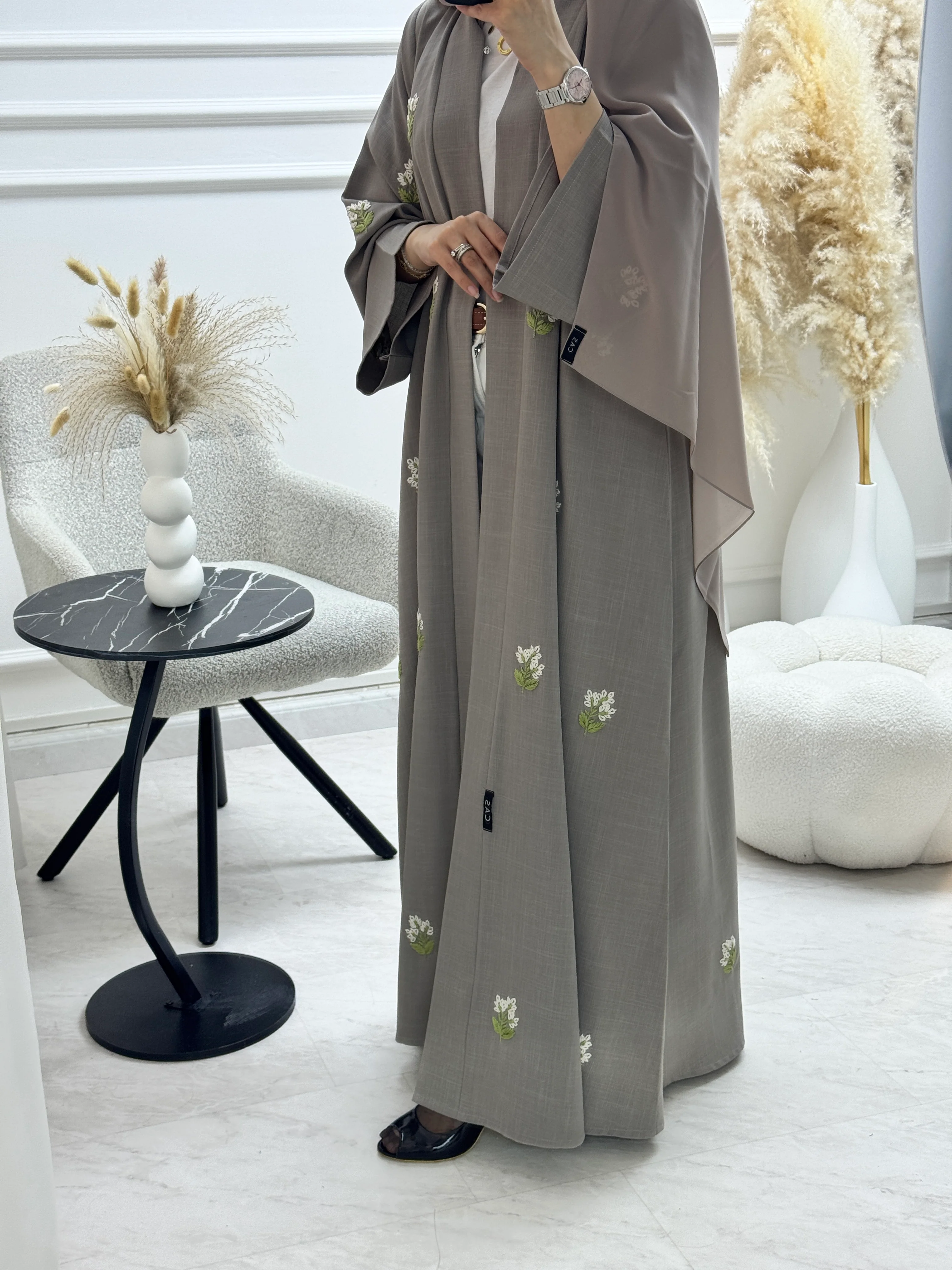 C RTW 1328 Taupe Floral Embroidered Abaya - Image 5