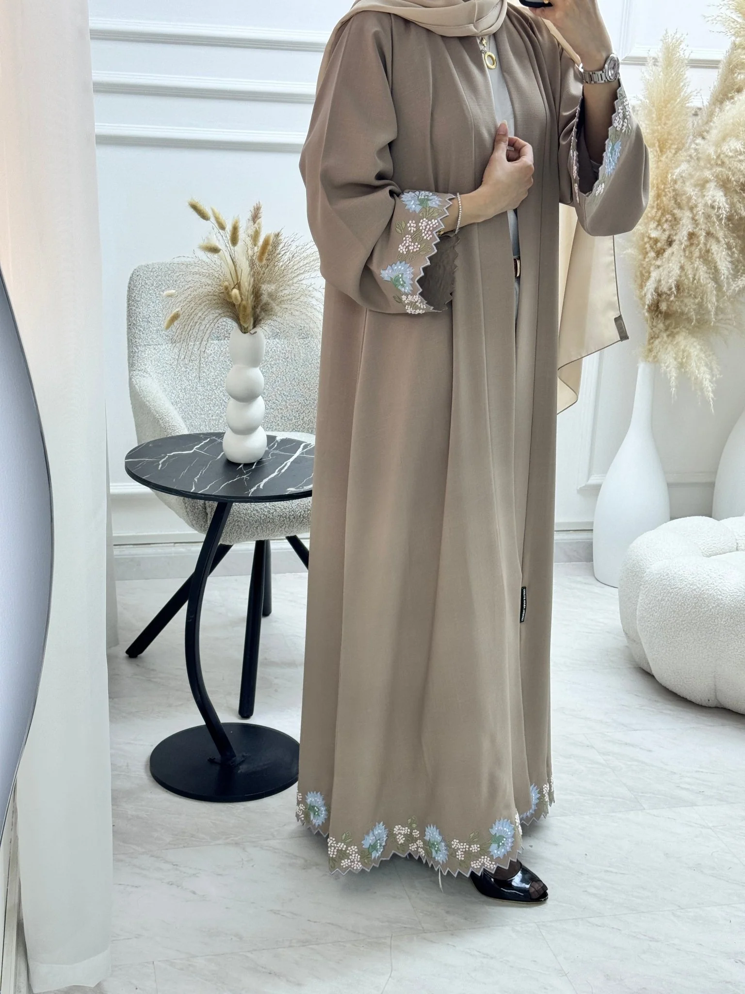 C RTW 1329 Tan Floral Embroidered Abaya - Image 2