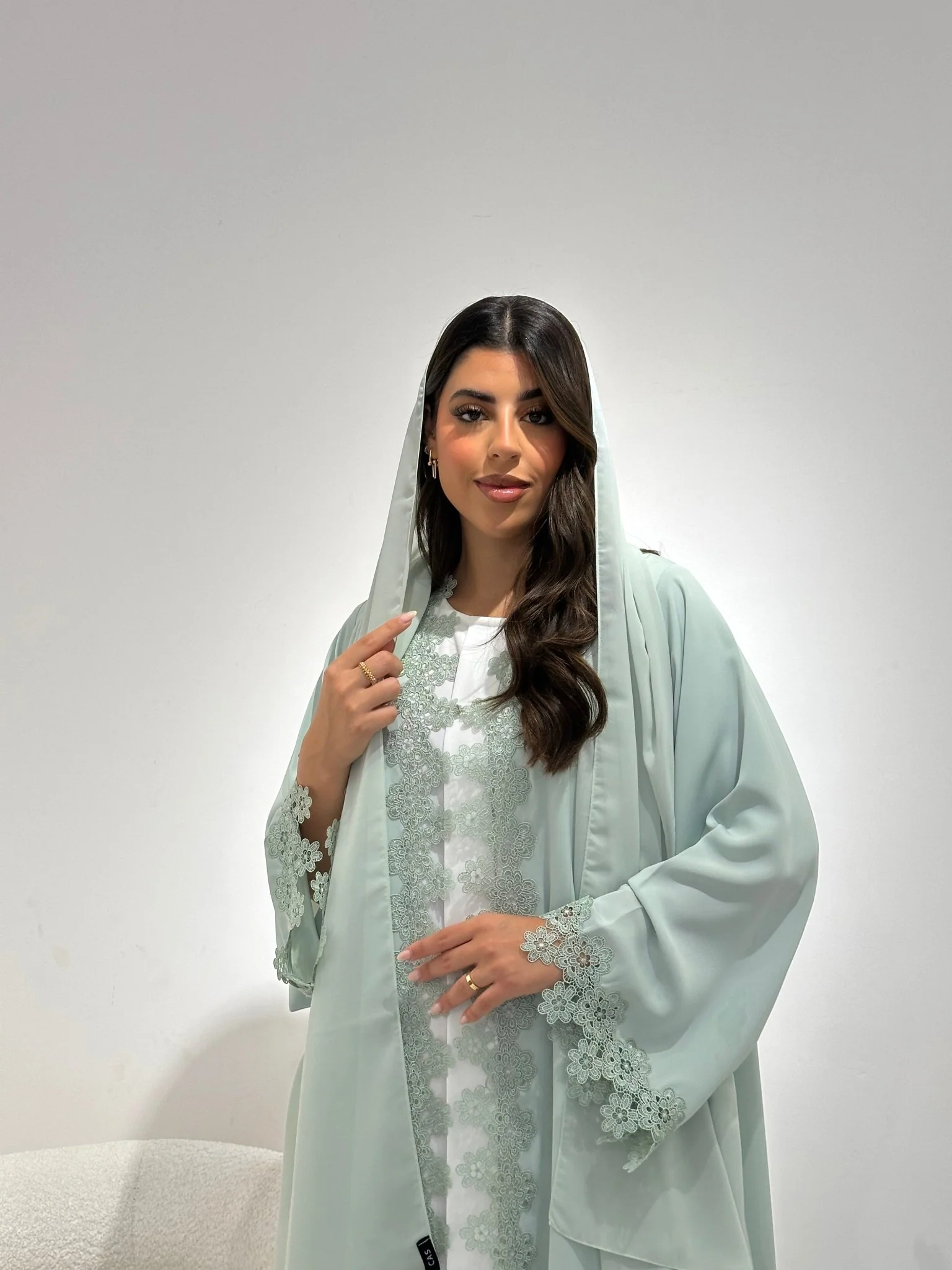 C 1338 Mint Green Lace Abaya - Image 3