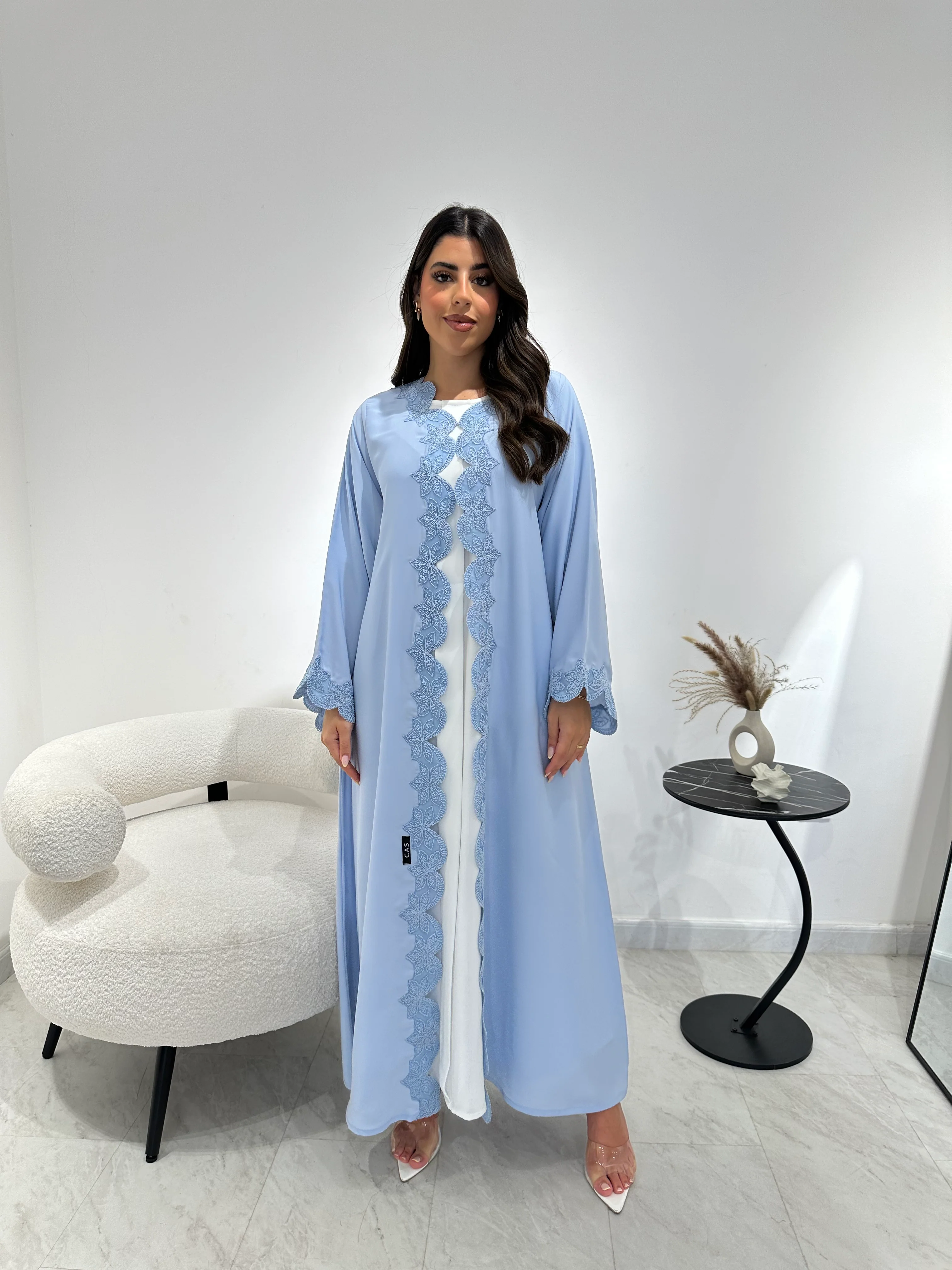 C 1341 Light Blue Lace Abaya - Image 2