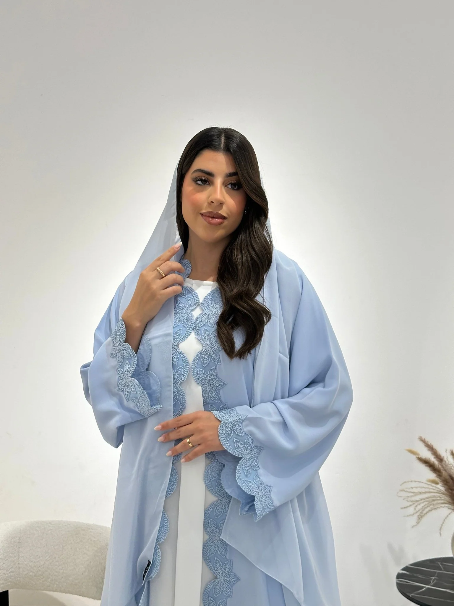 C 1341 Light Blue Lace Abaya - Image 8