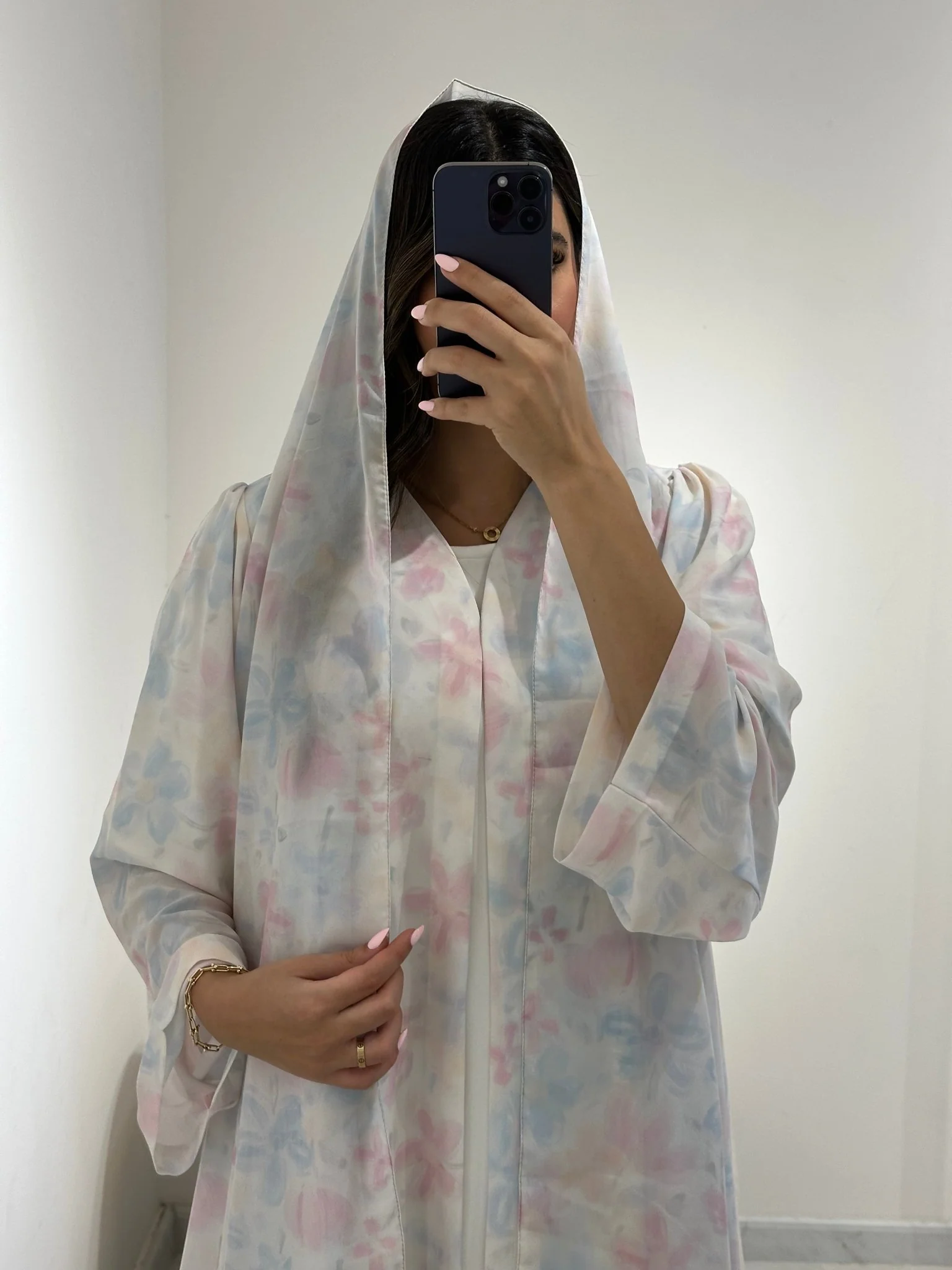 C RTW 1366 White Floral Mist Printed Abaya - Image 4
