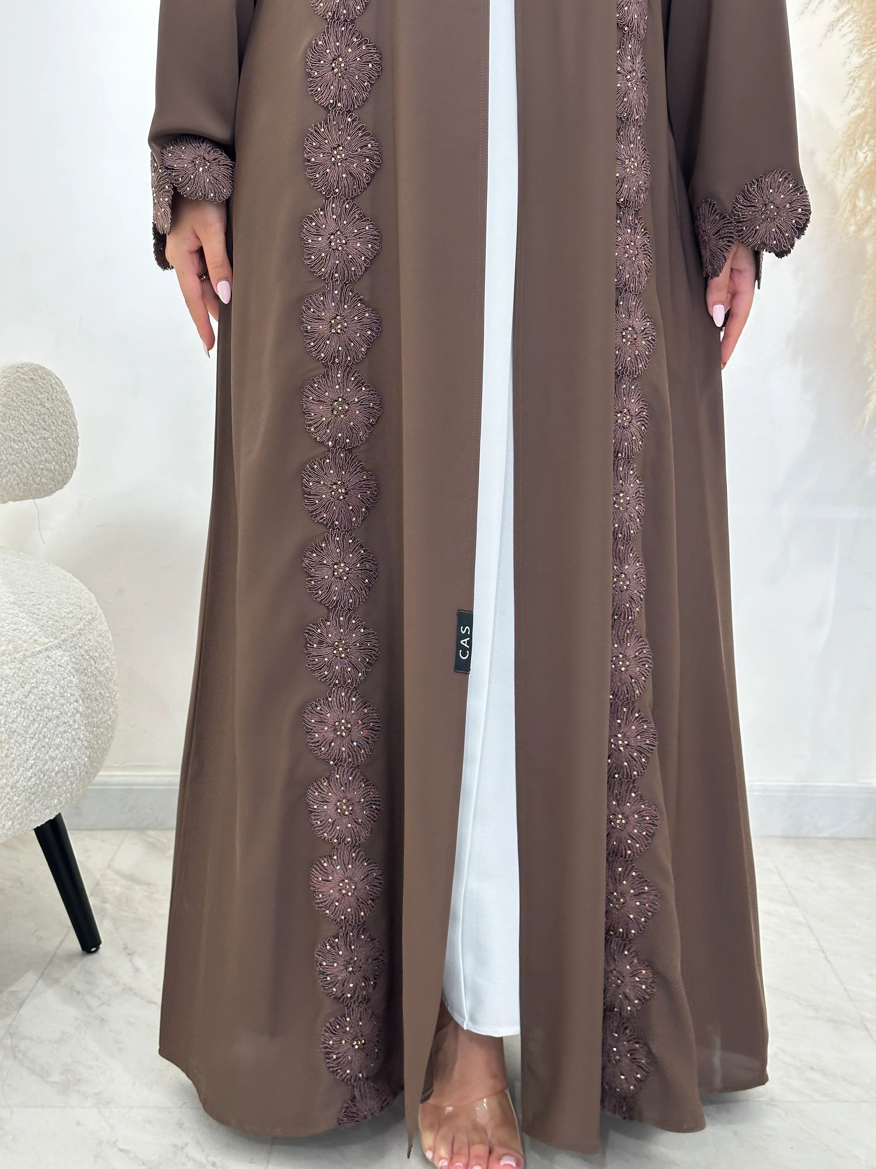 C RTW 1412 Brown Floral Lace Abaya - Image 5