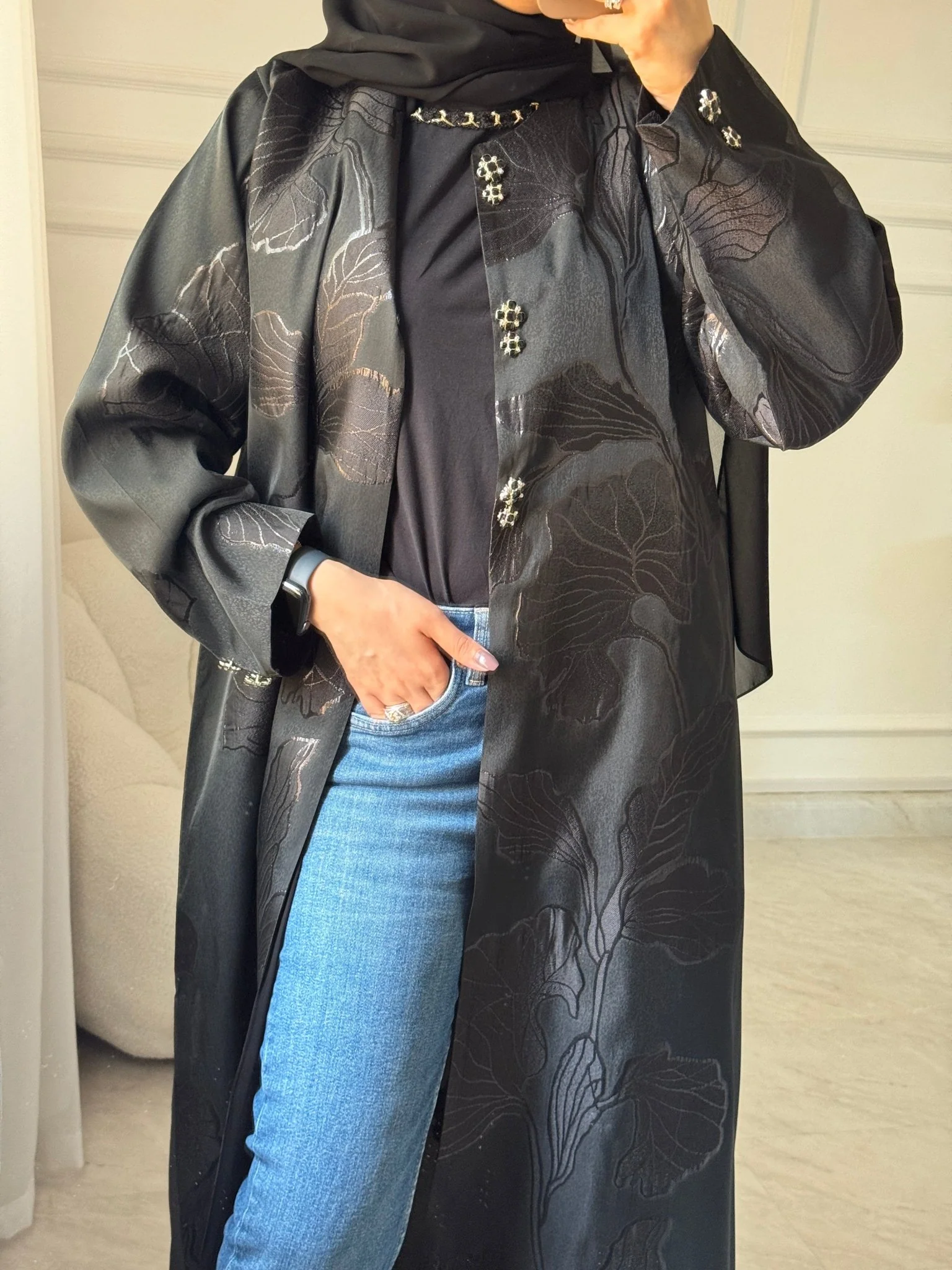C 1452 Black Floral Printed Abaya - Image 5
