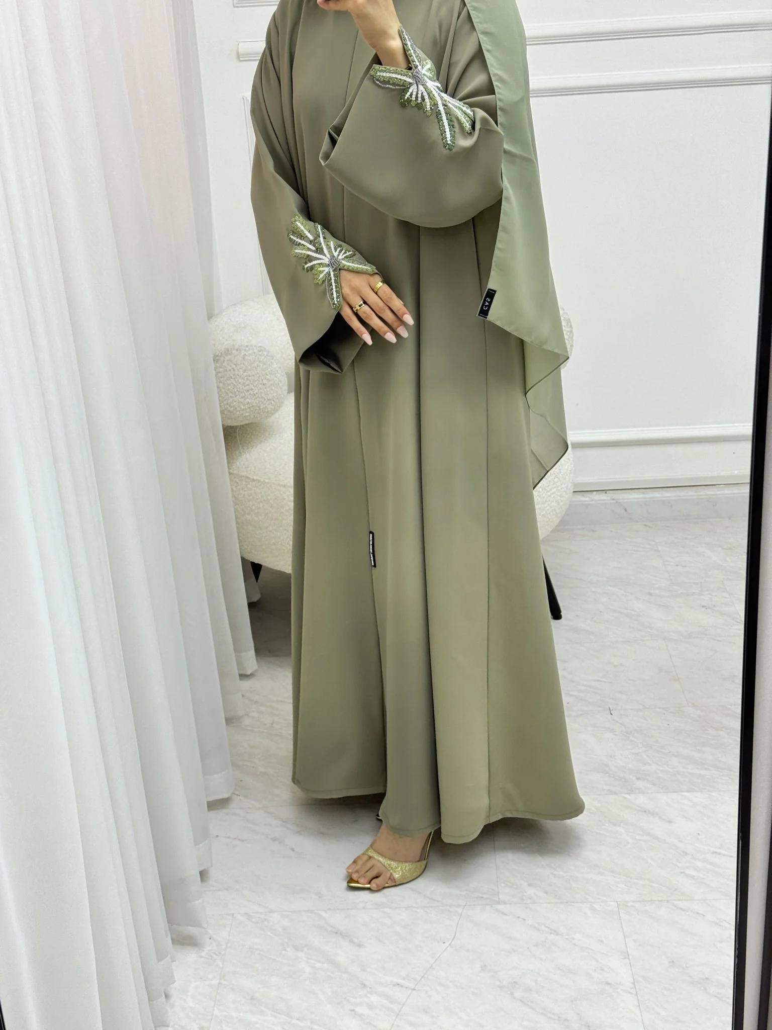 C 1514-02 Fern Green Embroidered Beaded Abaya - Image 4