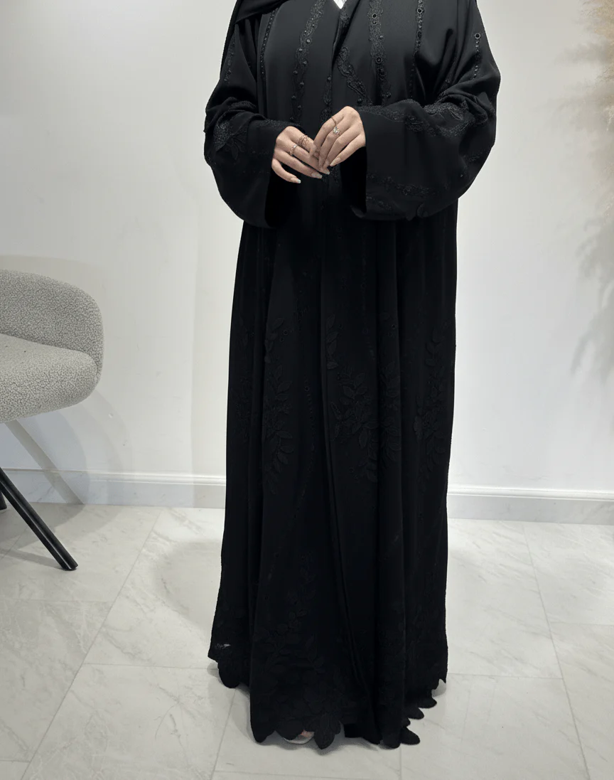 C RTW 1620 Black Beaded Lace Abaya - Image 3