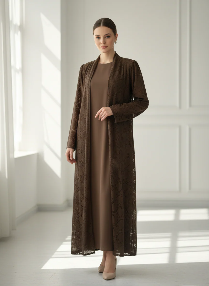 C RTW 1782-01 Brown Dantel Abaya - Image 2