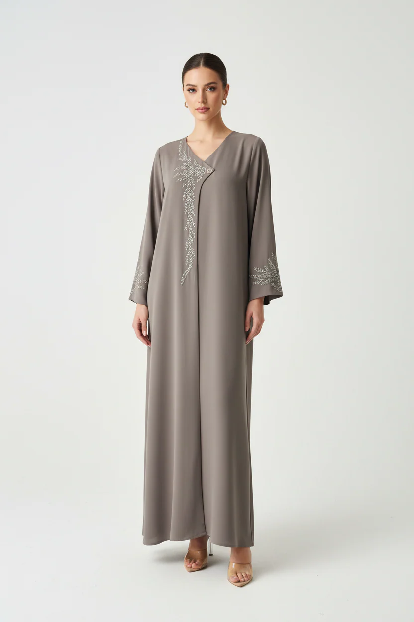 C RTW 2007 Light Taupe Embroidered Abaya - Image 2