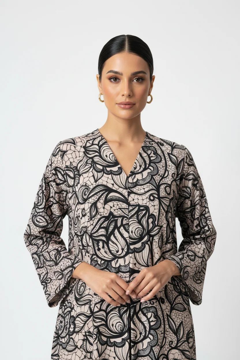 C RTW 2011 Black Beige Printed Abaya - Image 2