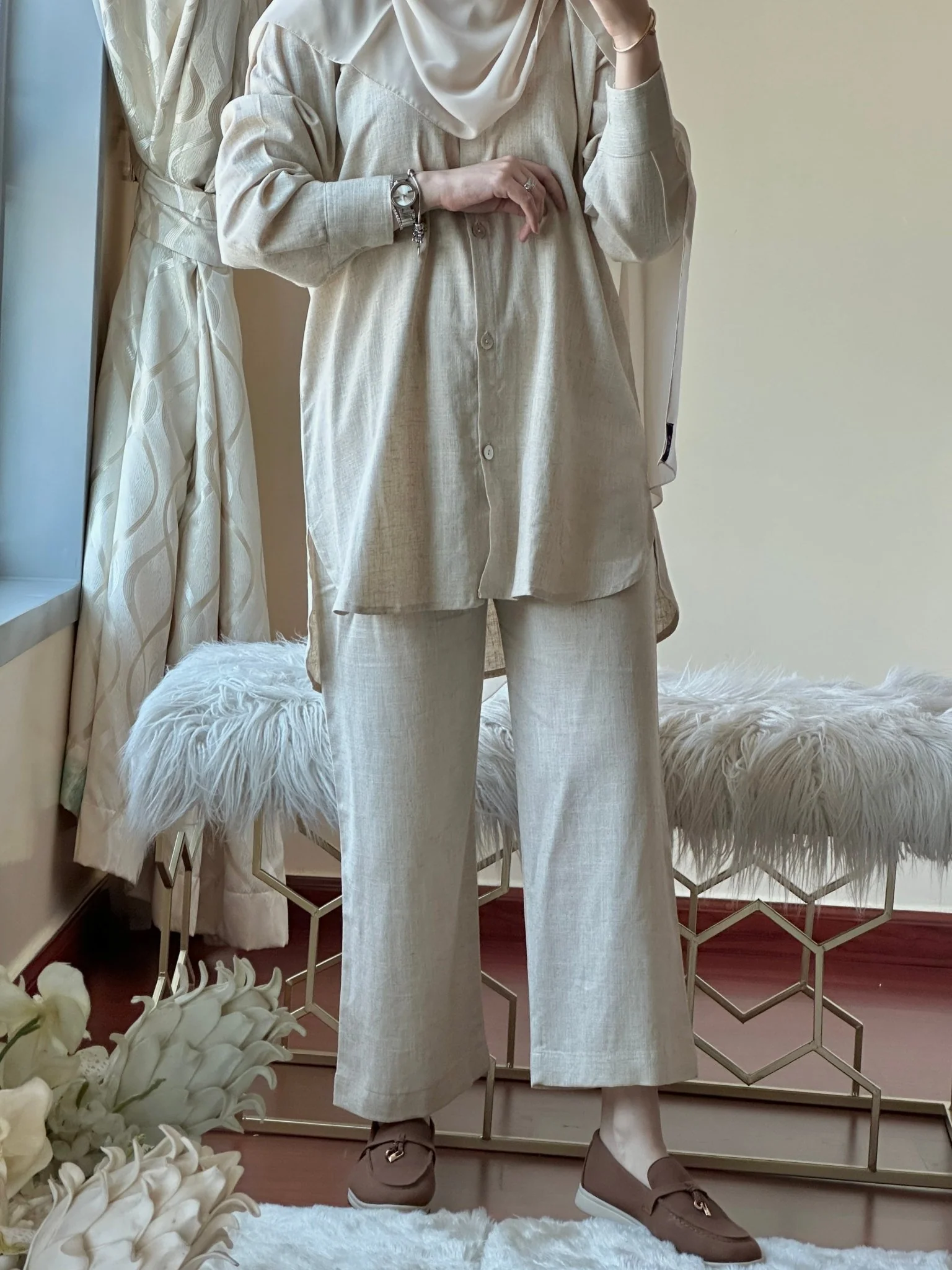 C RTW Beige Summer Linen Travel Abaya Set - Image 10