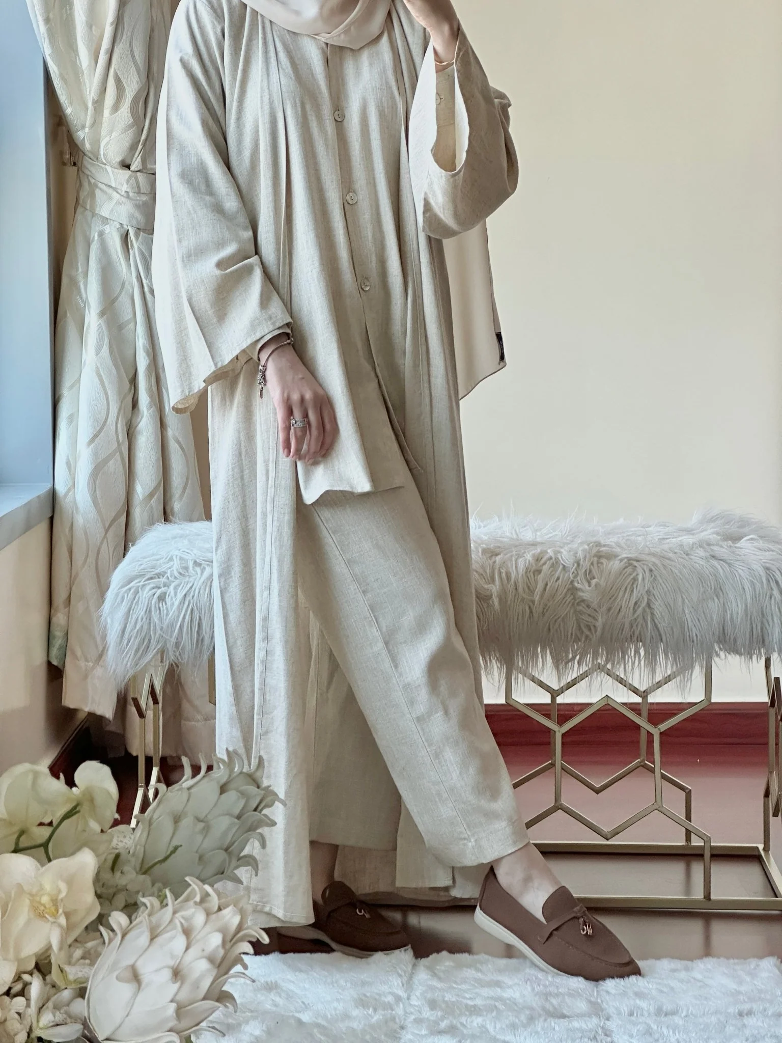 C-RTW-Beige-Summer-Linen-Travel-Abaya-Set - Image 8