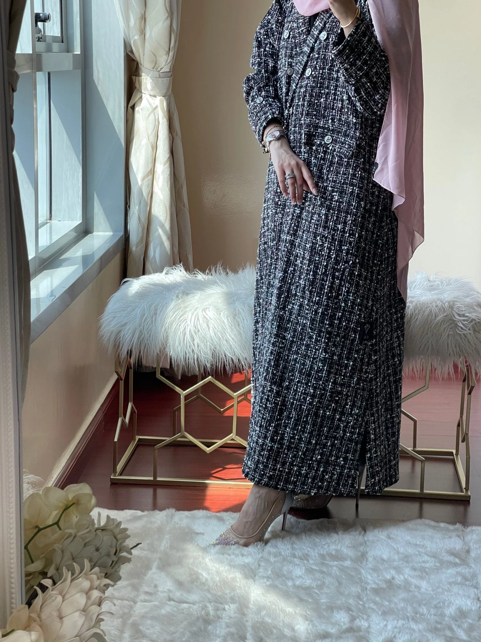 C RTW Black Pink Tweed Abaya Set 2023 - Image 4