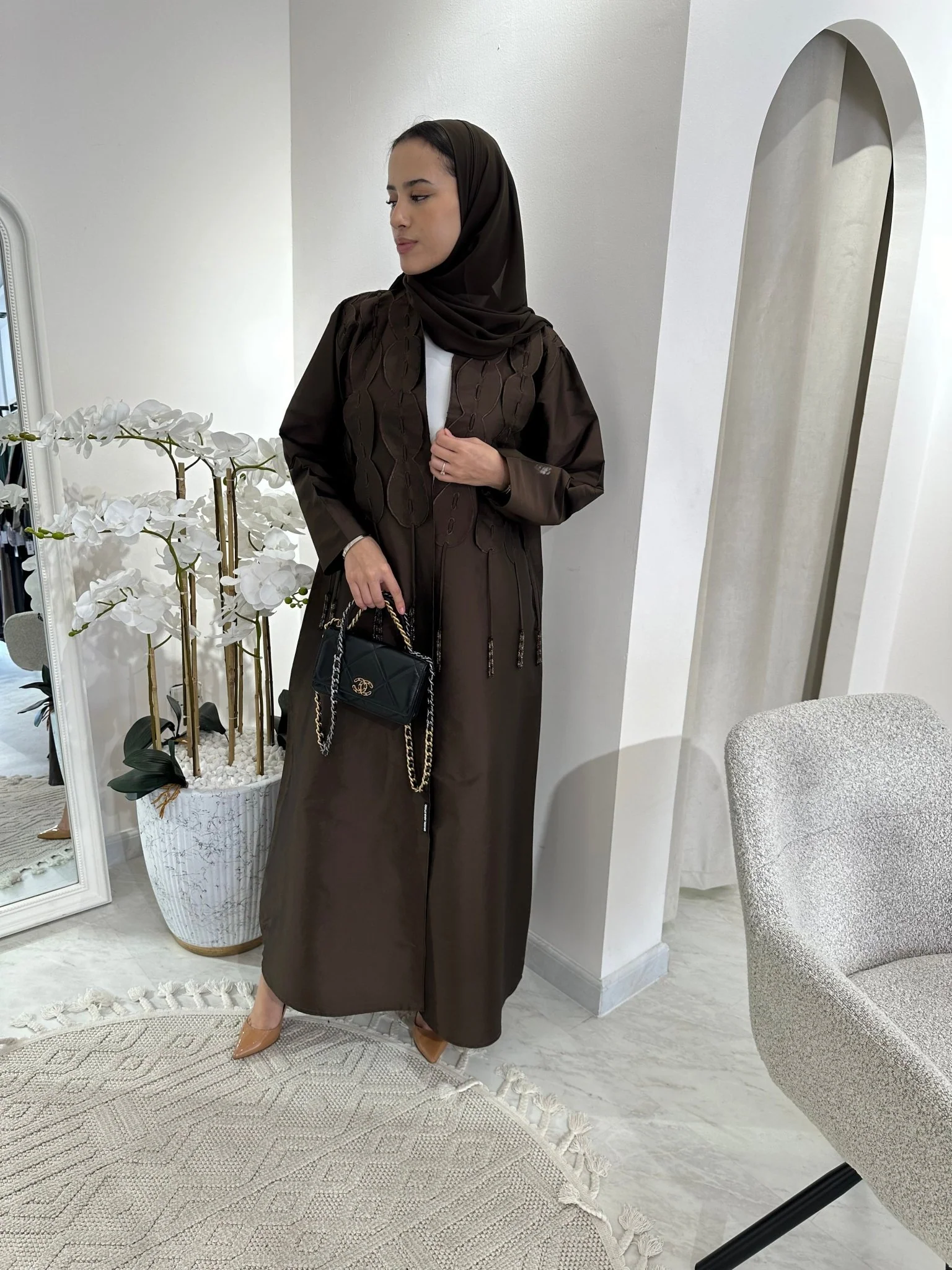 C RTW Brown Tafetta Tassel Eid Abaya - Image 9