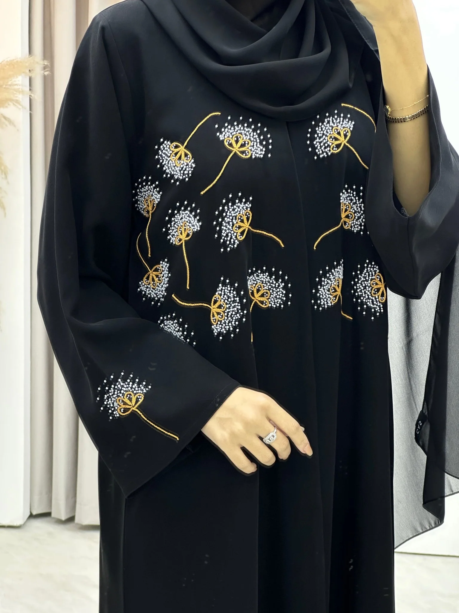 C RTW Flower Embroidery Black Abaya - Image 2