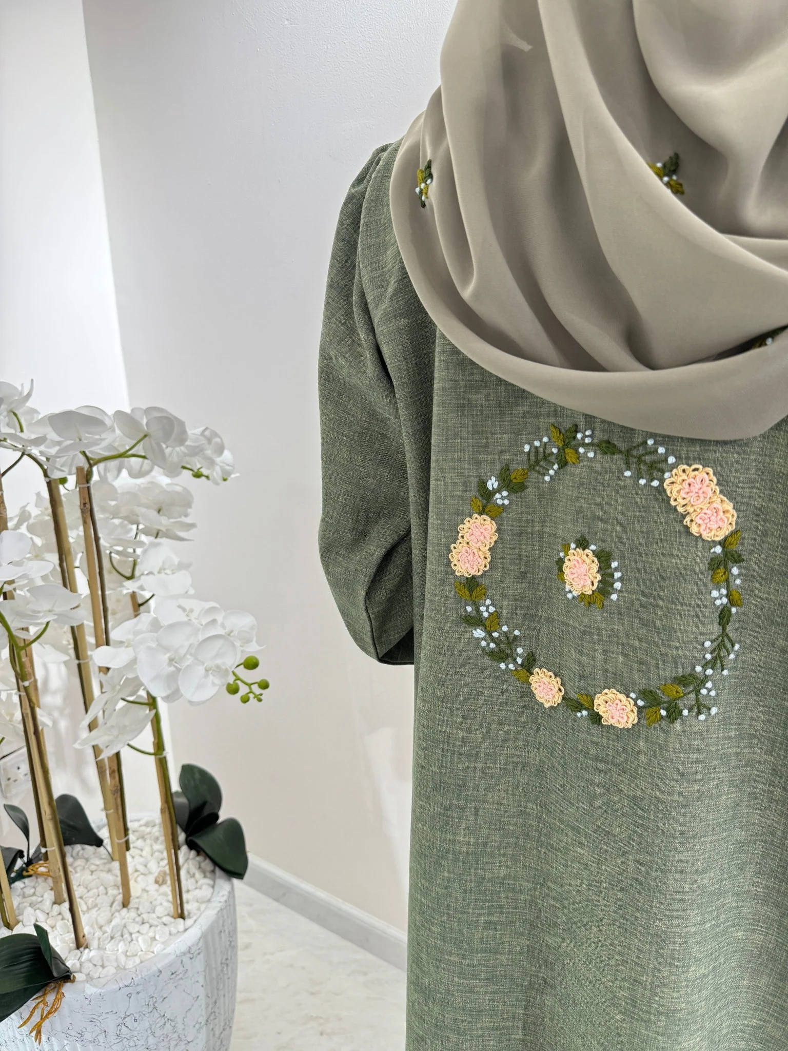 C RTW Green Floral Linen Embroidery Eid Abaya - Image 2
