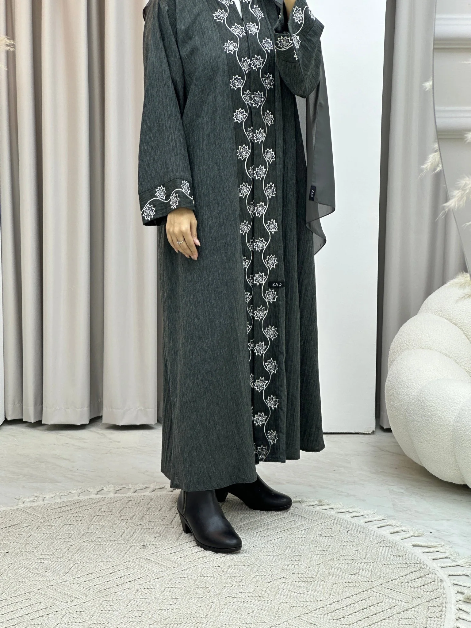 C RTW Grey Embroidery Linen Abaya - Image 3