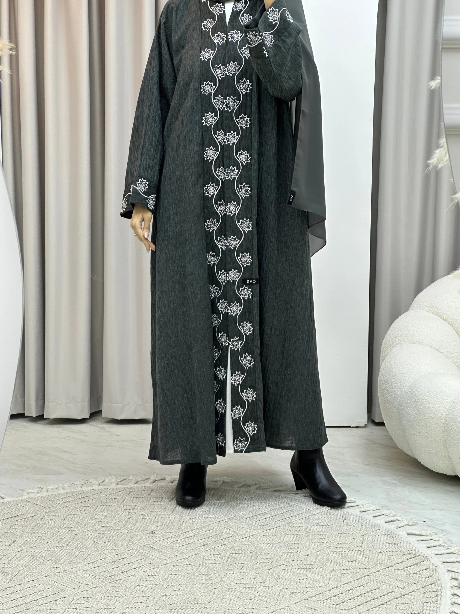 C RTW Grey Embroidery Linen Abaya - Image 4