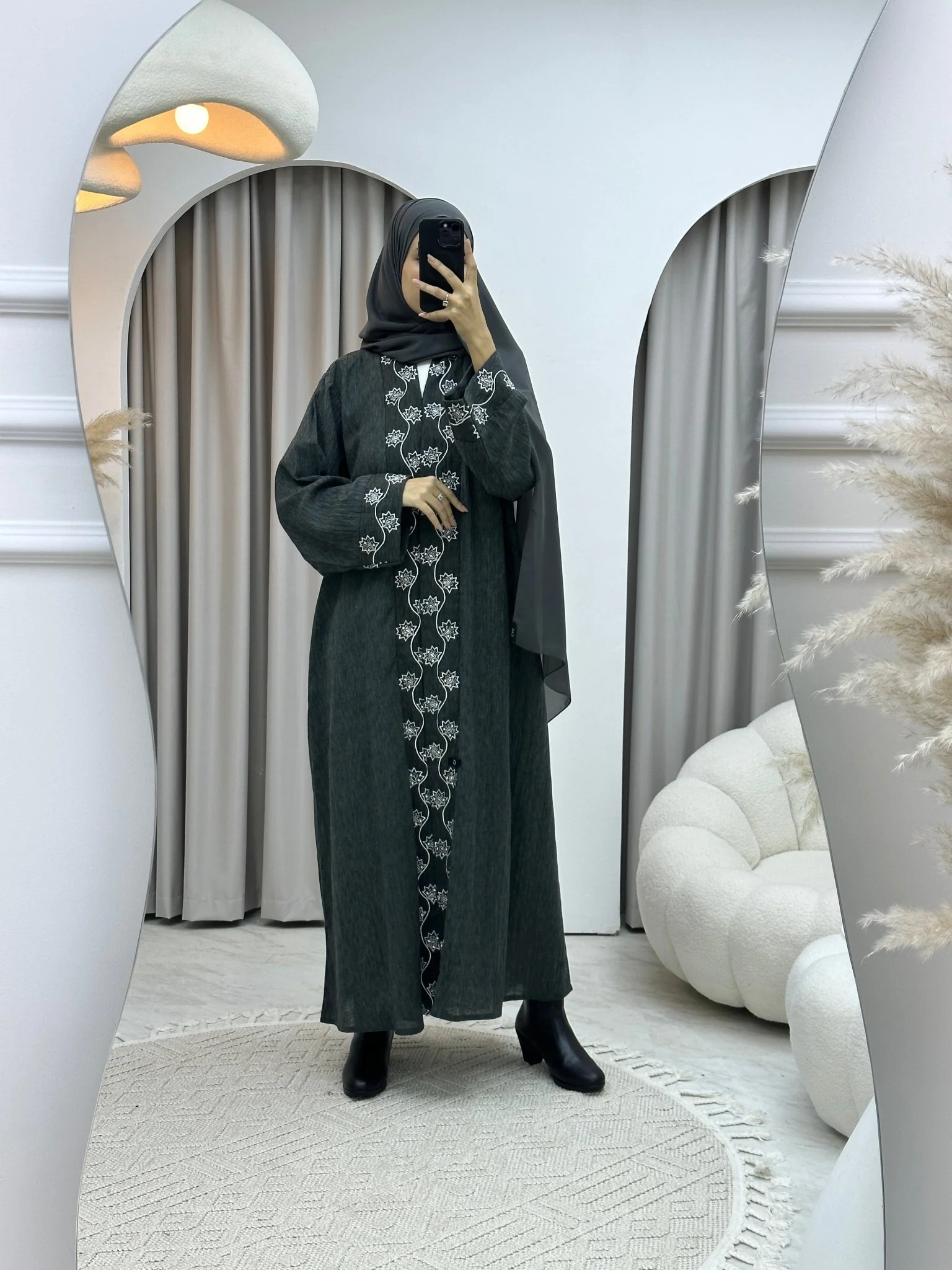 C RTW Grey Embroidery Linen Abaya - Image 7