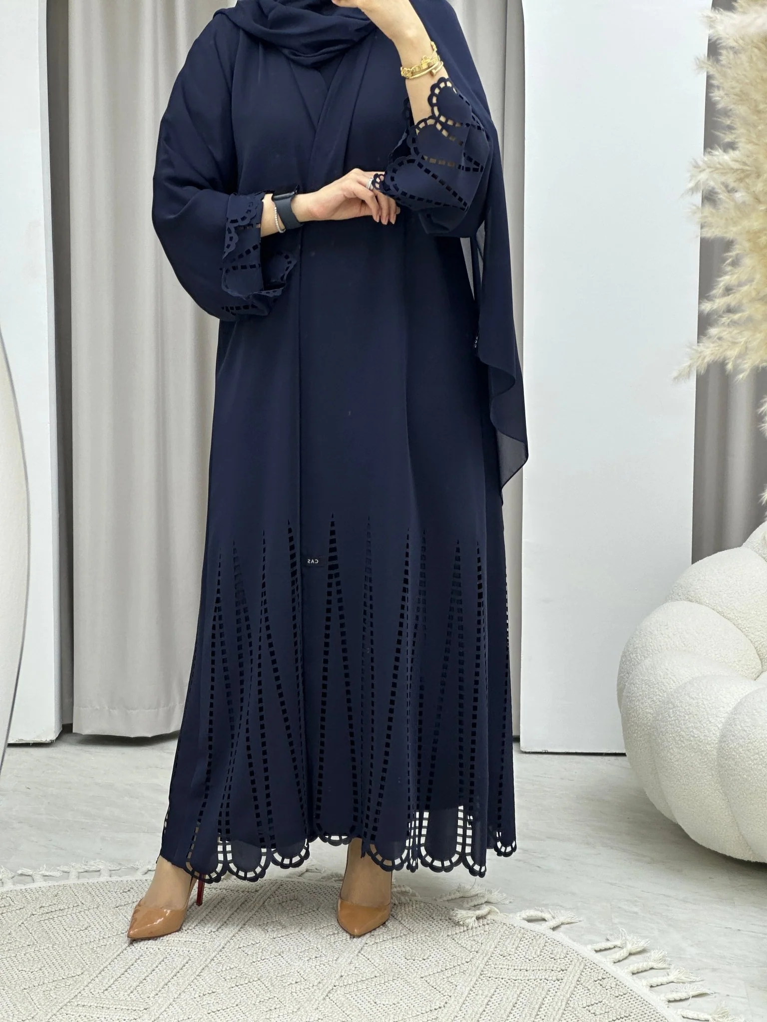 C RTW Laser Cut Navy Blue Abaya Set - Image 4