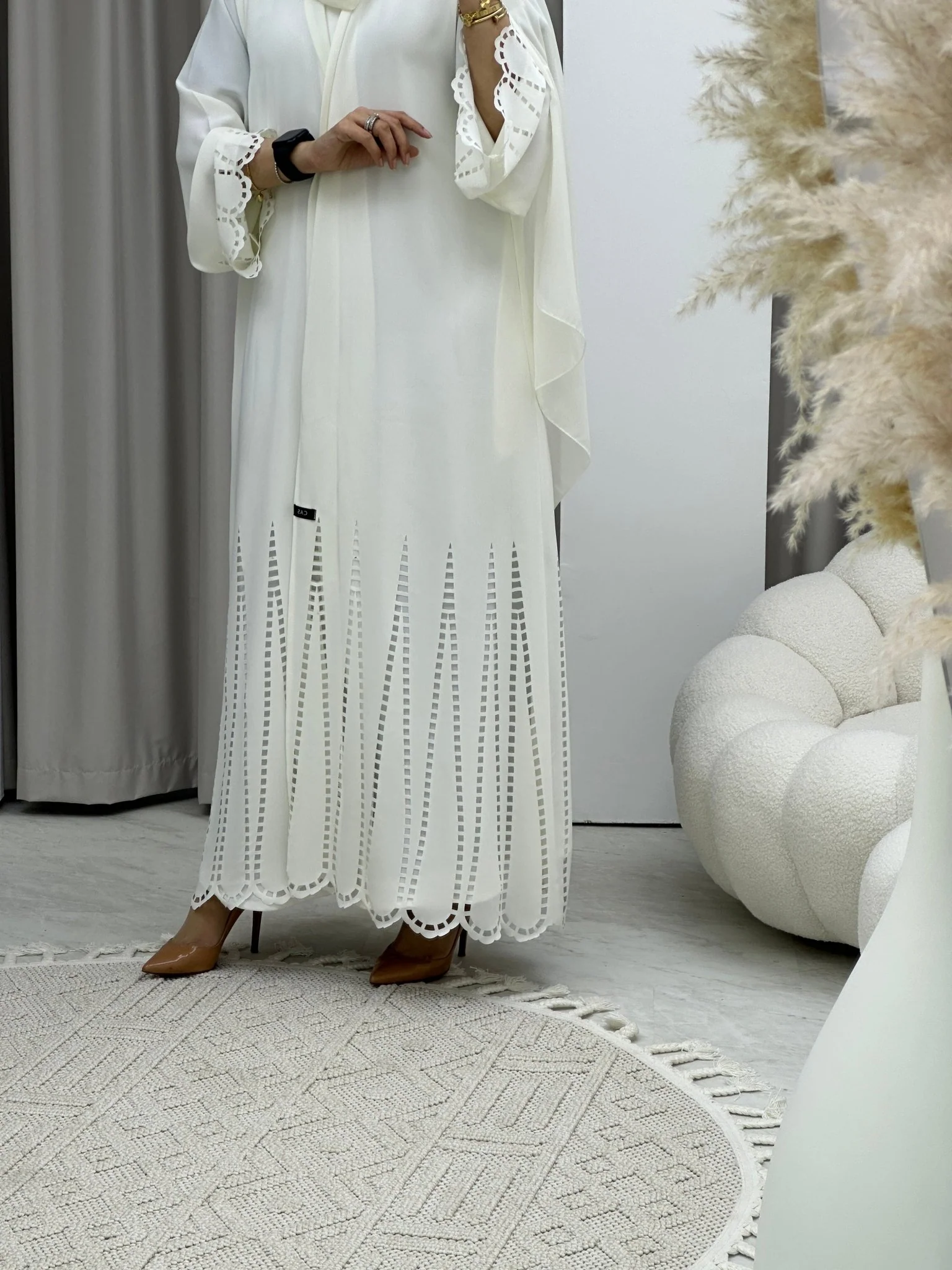 C RTW Laser Cut White Abaya Set - Image 5