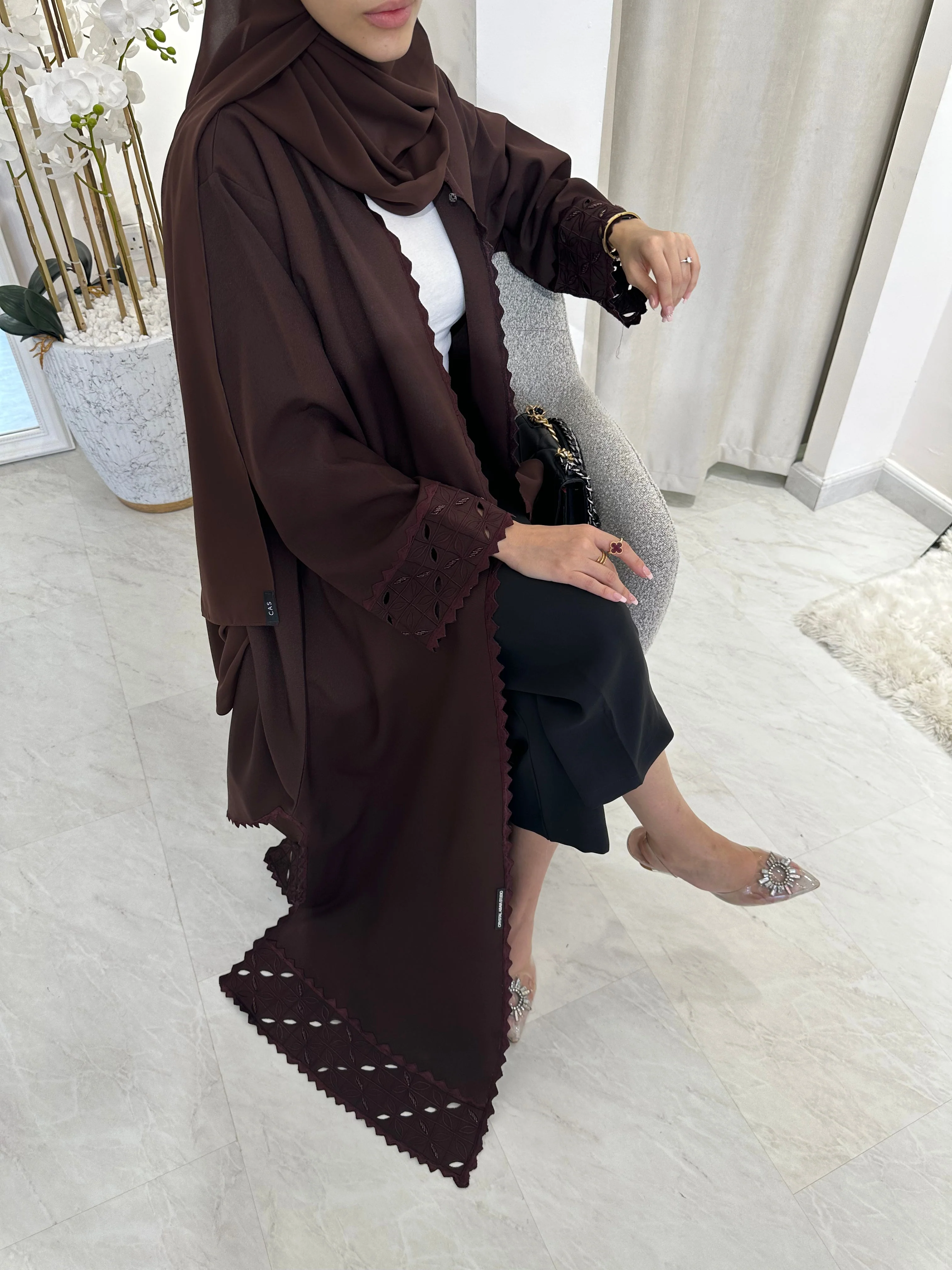 C RTW Lasercut Brown Satin Abaya - Image 11