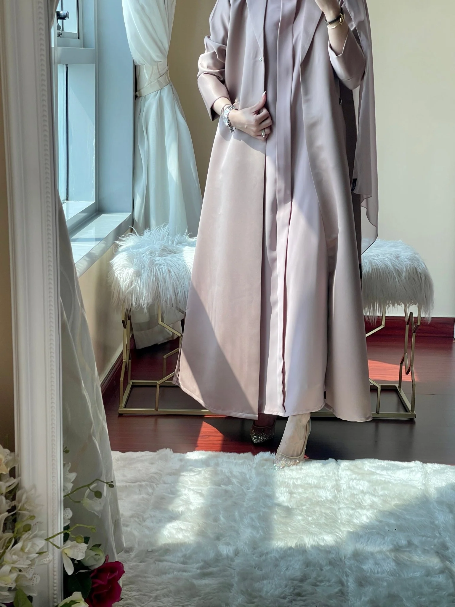 C RTW Light Brown Satin Coat Abaya - Image 7