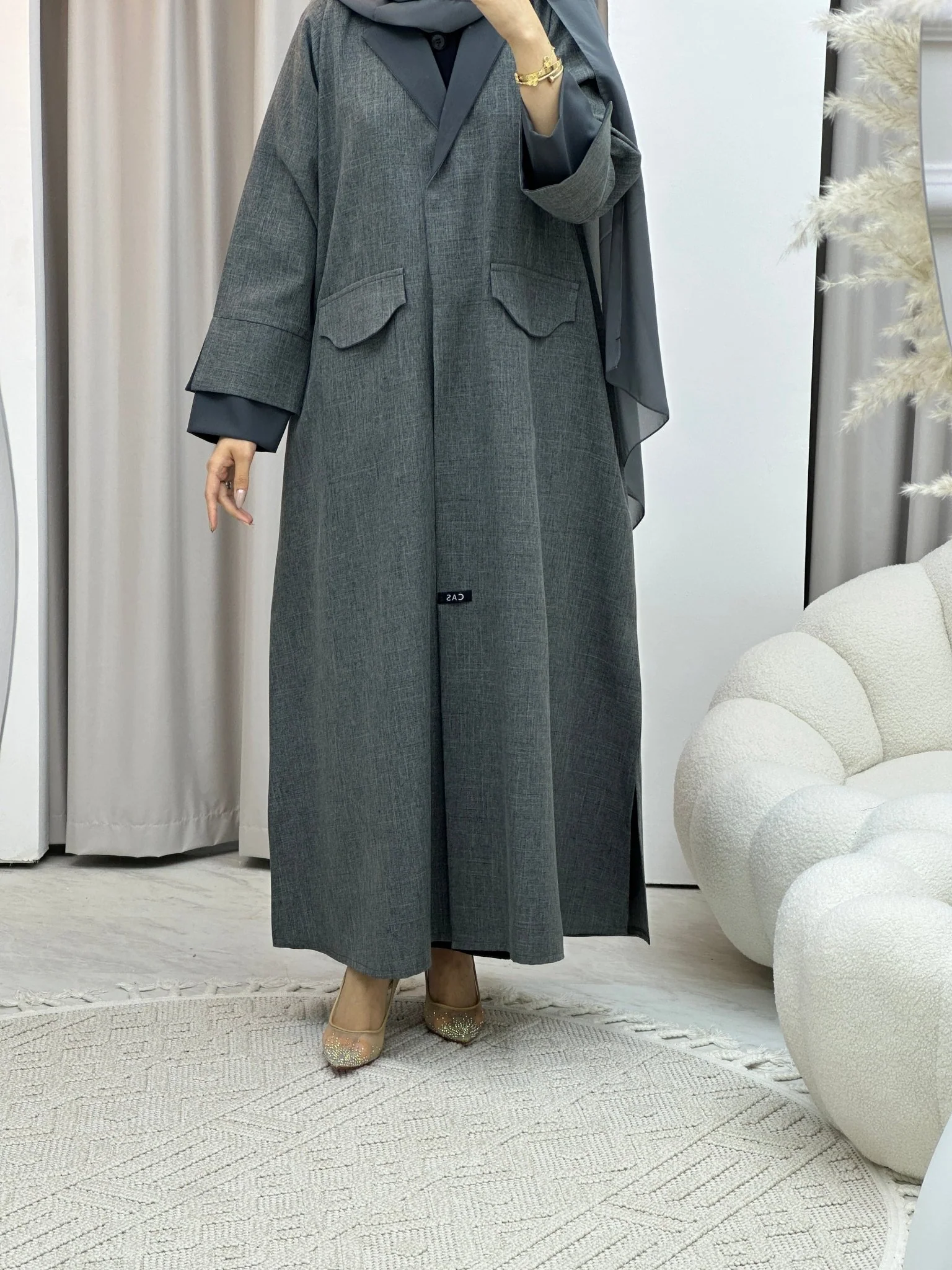 C RTW Linen Grey Winter Coat Abaya