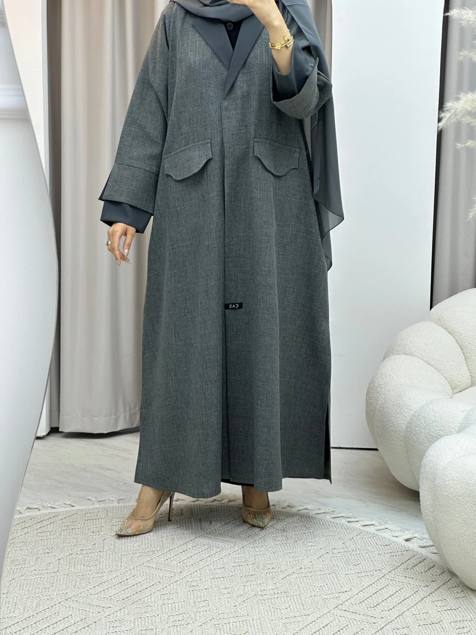 C RTW Linen Grey Winter Coat Abaya - Image 4
