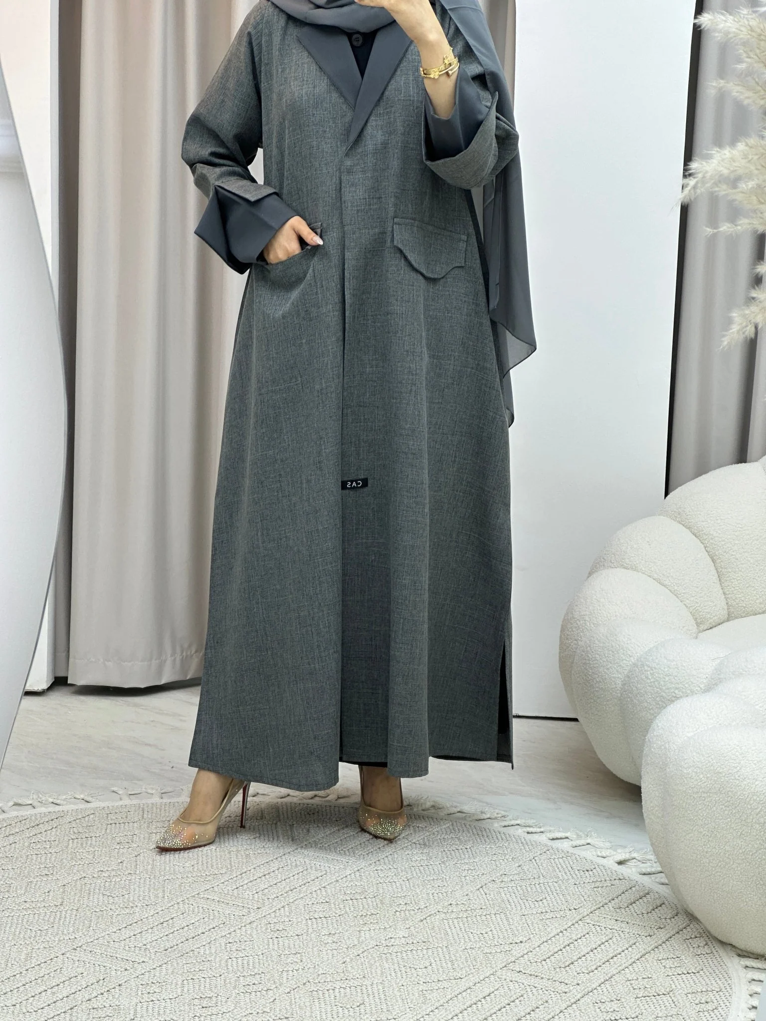 C RTW Linen Grey Winter Coat Abaya - Image 5