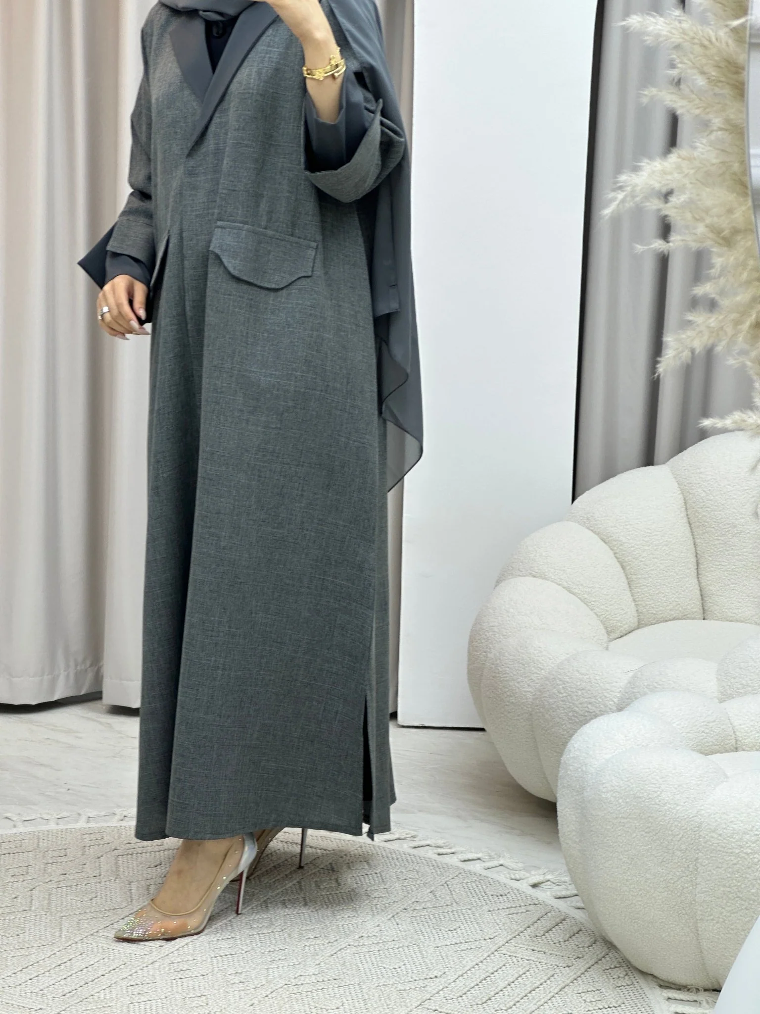 C RTW Linen Grey Winter Coat Abaya - Image 6