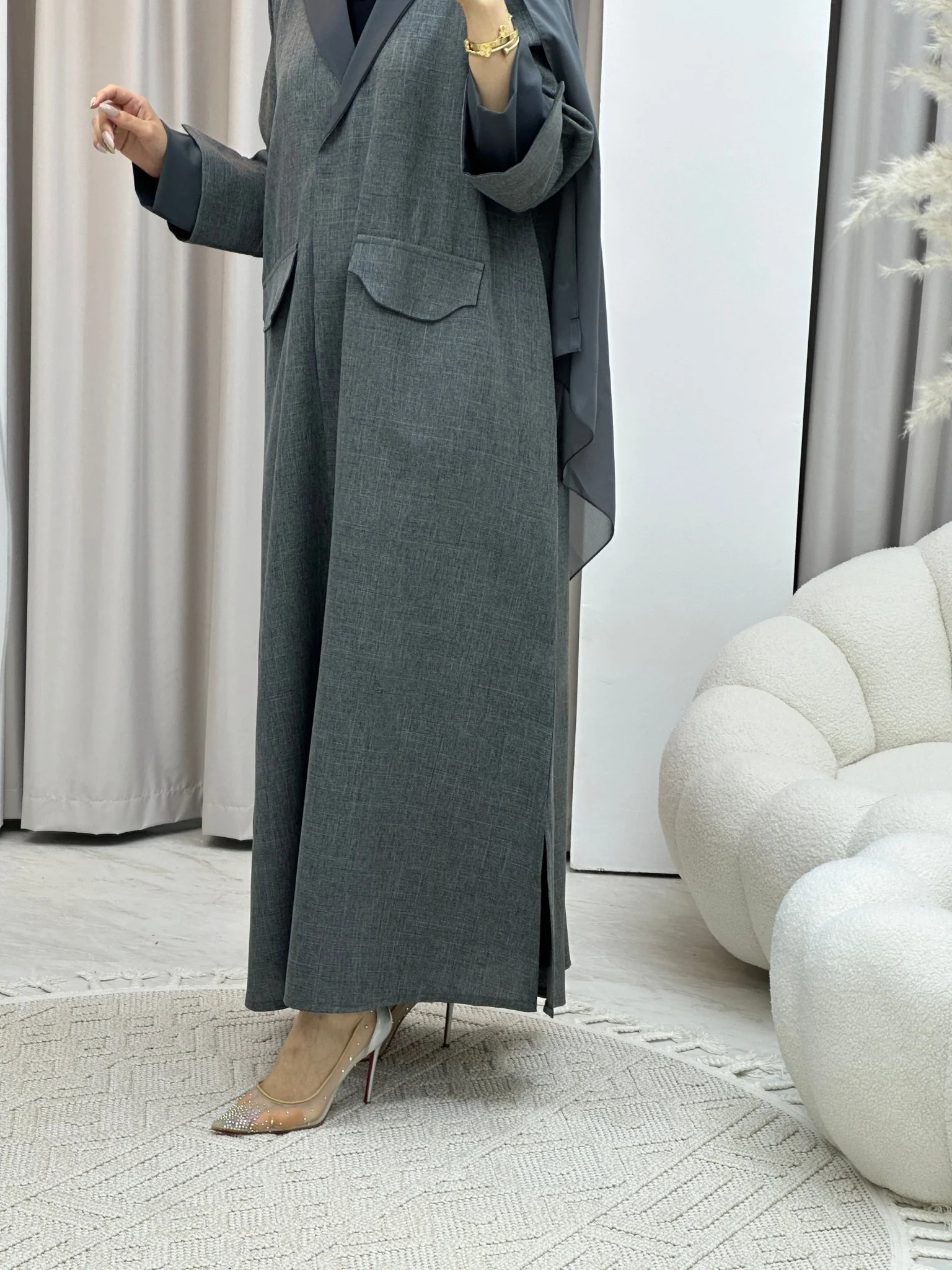 C RTW Linen Grey Winter Coat Abaya - Image 7
