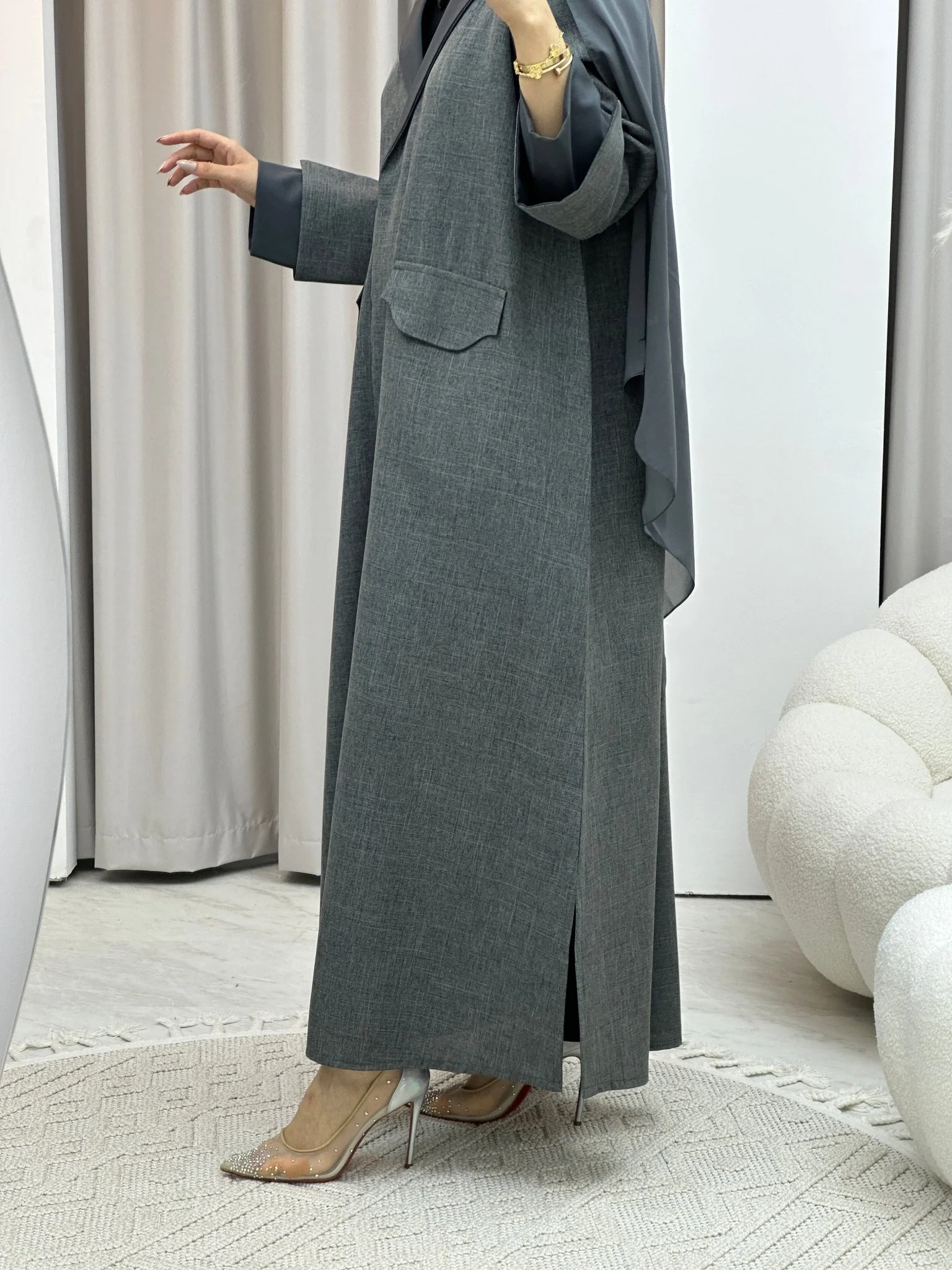C RTW Linen Grey Winter Coat Abaya - Image 8