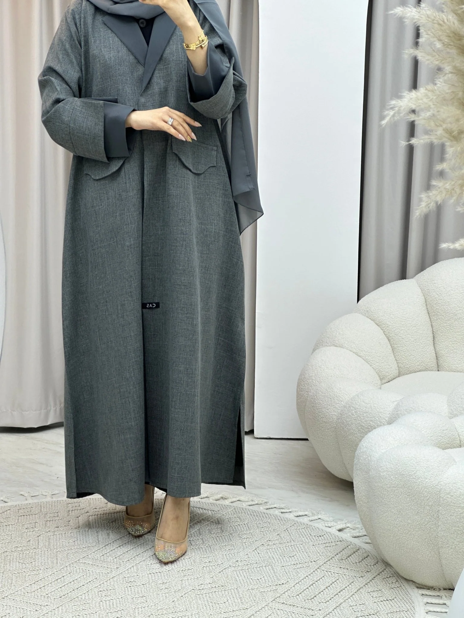 C RTW Linen Grey Winter Coat Abaya - Image 9