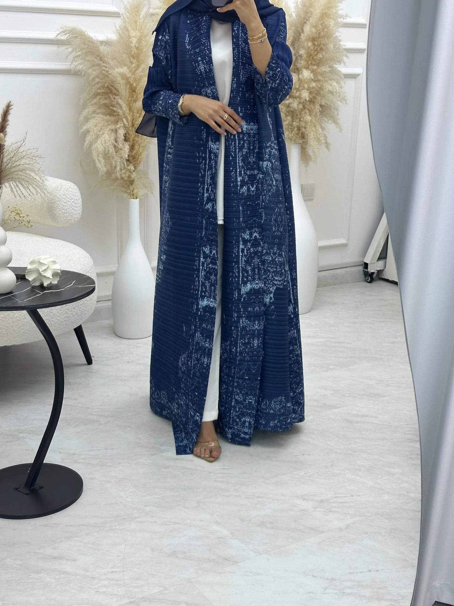C RTW 01 Navy Blue Pleated Print Abaya - Image 5