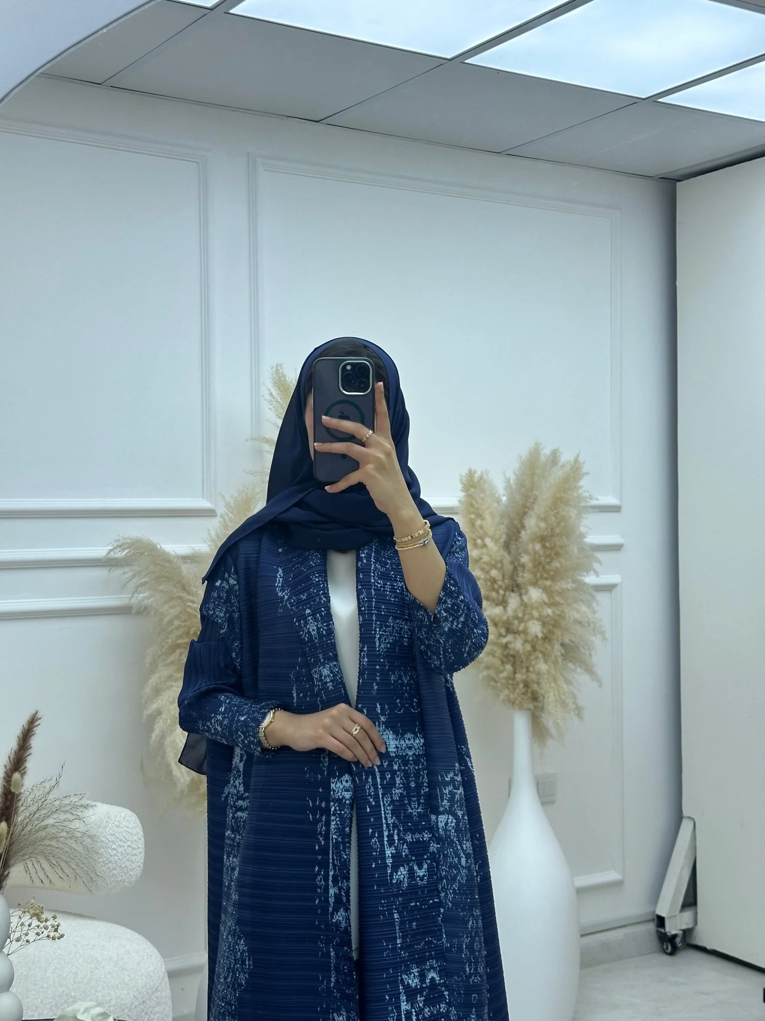 C RTW 01 Navy Blue Pleated Print Abaya - Image 7