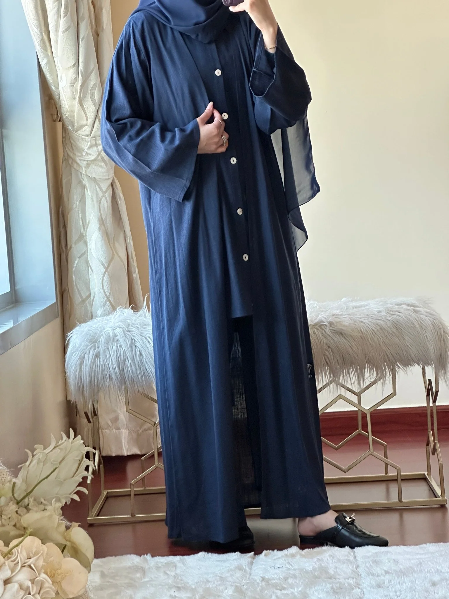C-RTW-Navy-Blue-Summer-Linen-Travel-Abaya-Set - Image 4