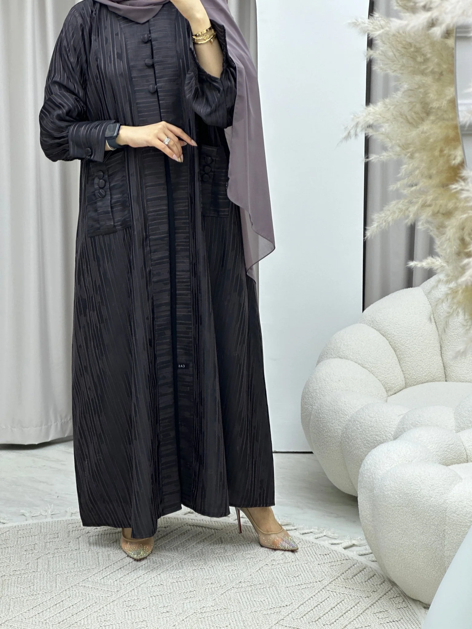 C RTW Stripe Print Purple Abaya - Image 3