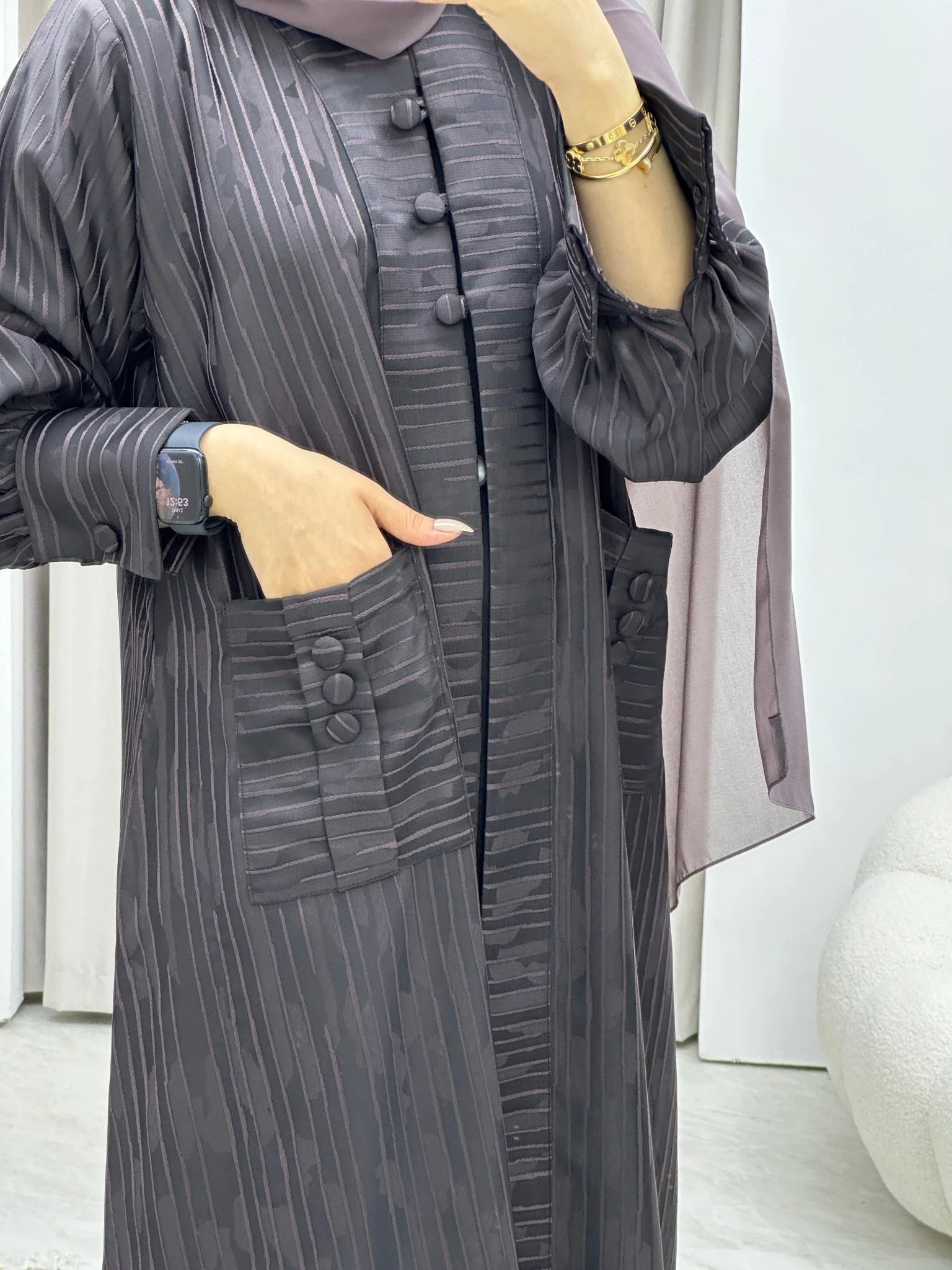 C RTW Stripe Print Purple Abaya - Image 9