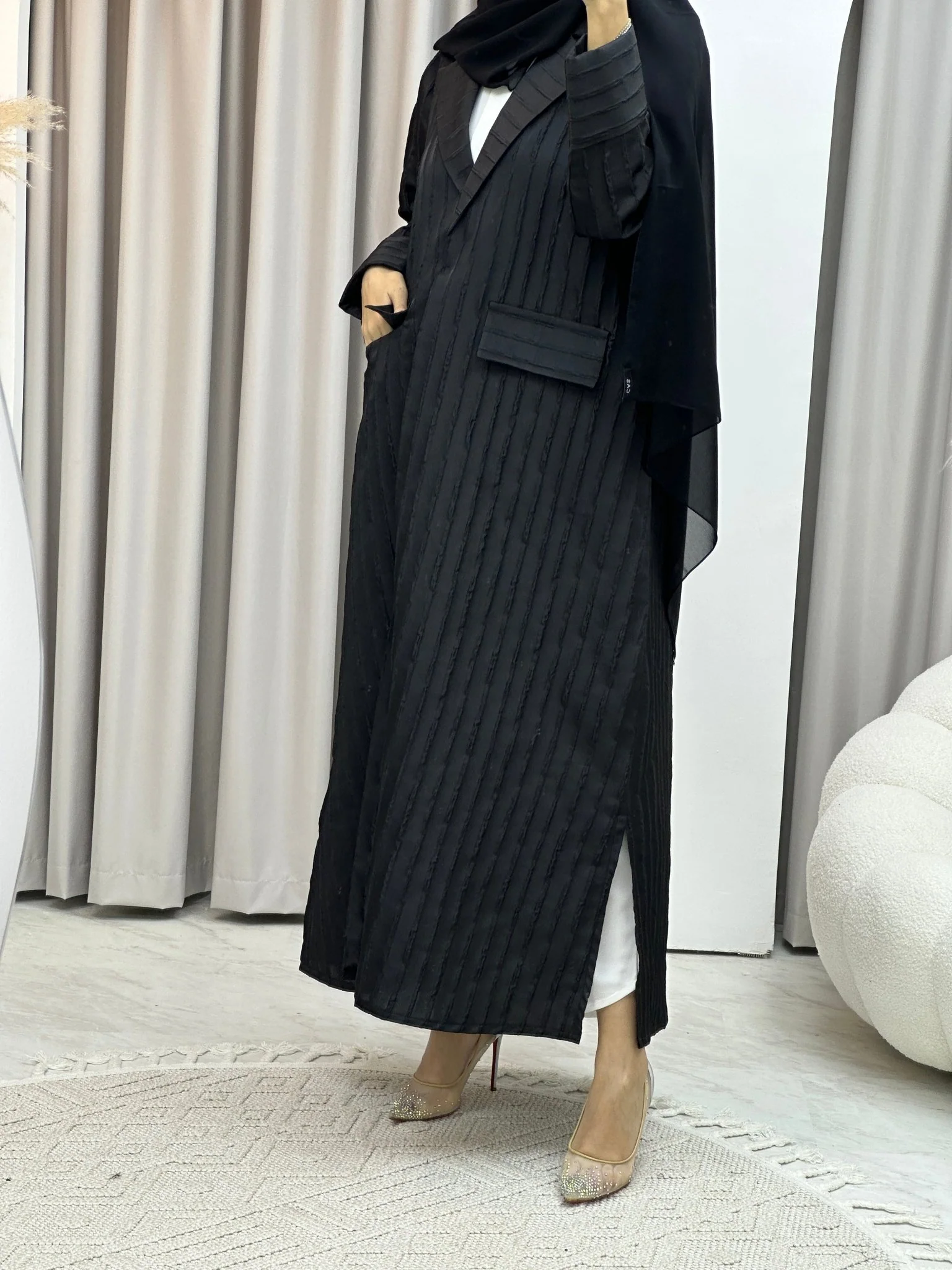 C Striped Black Coat Abaya - Image 8