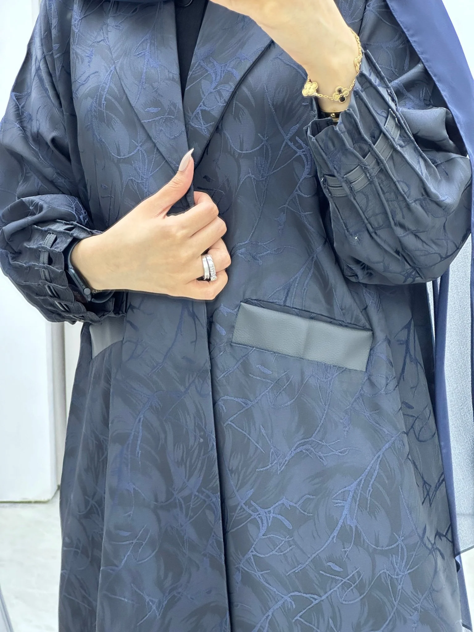 C Swirl Print Navy Blue Coat Abaya - Image 2