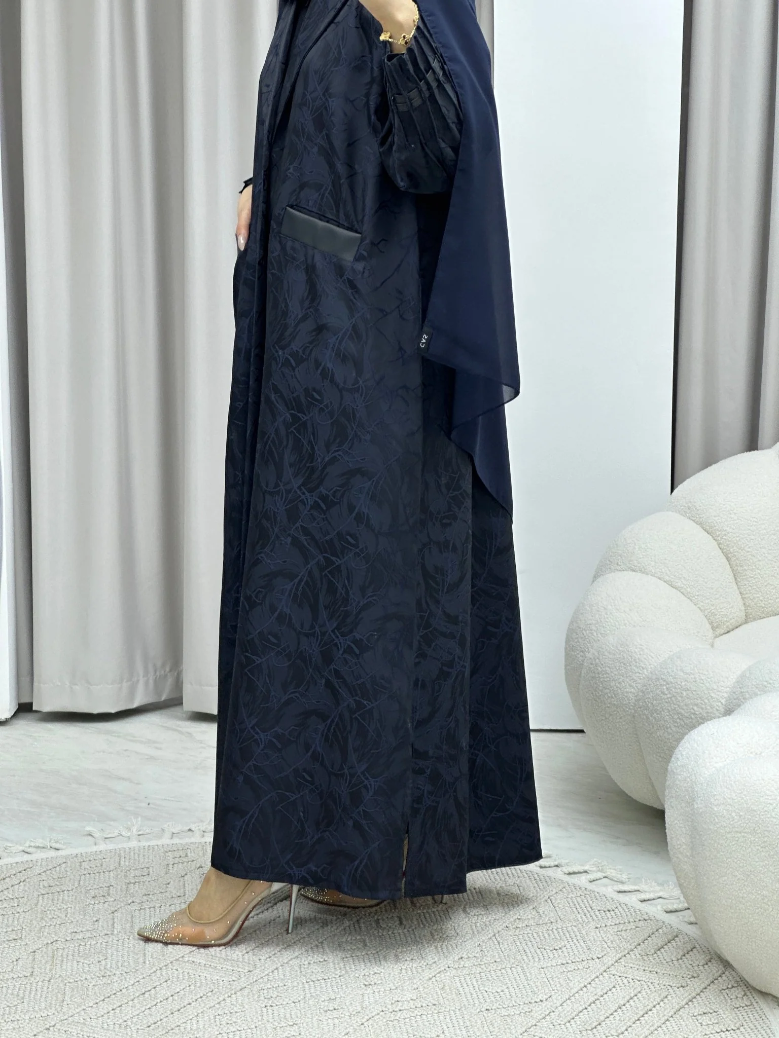 C Swirl Print Navy Blue Coat Abaya - Image 5