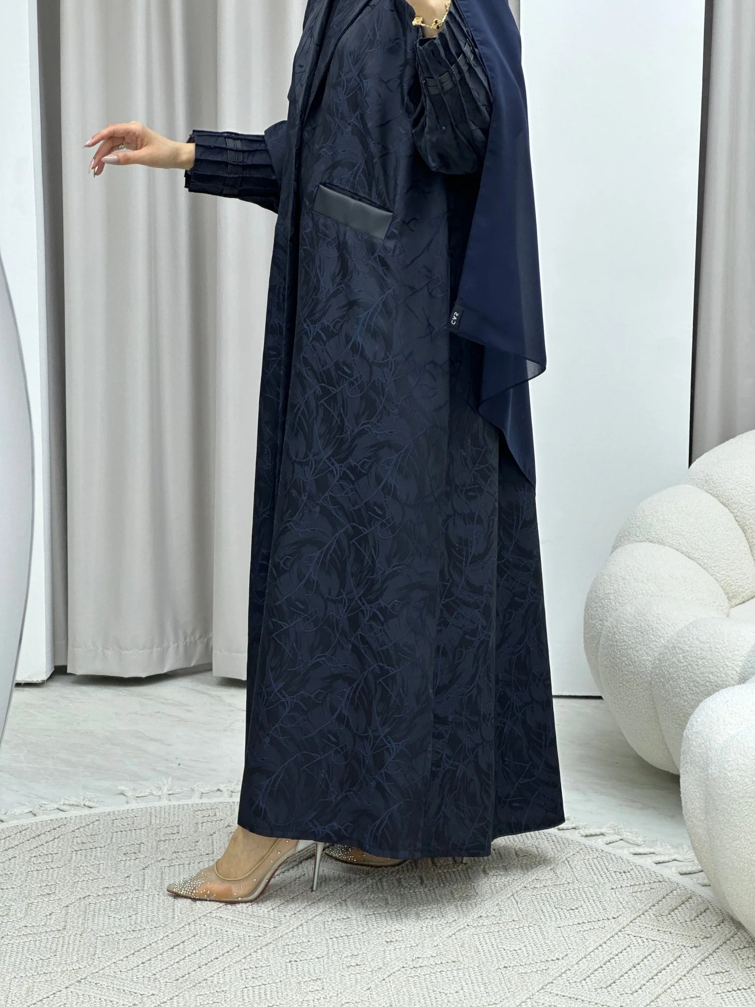 C Swirl Print Navy Blue Coat Abaya - Image 6