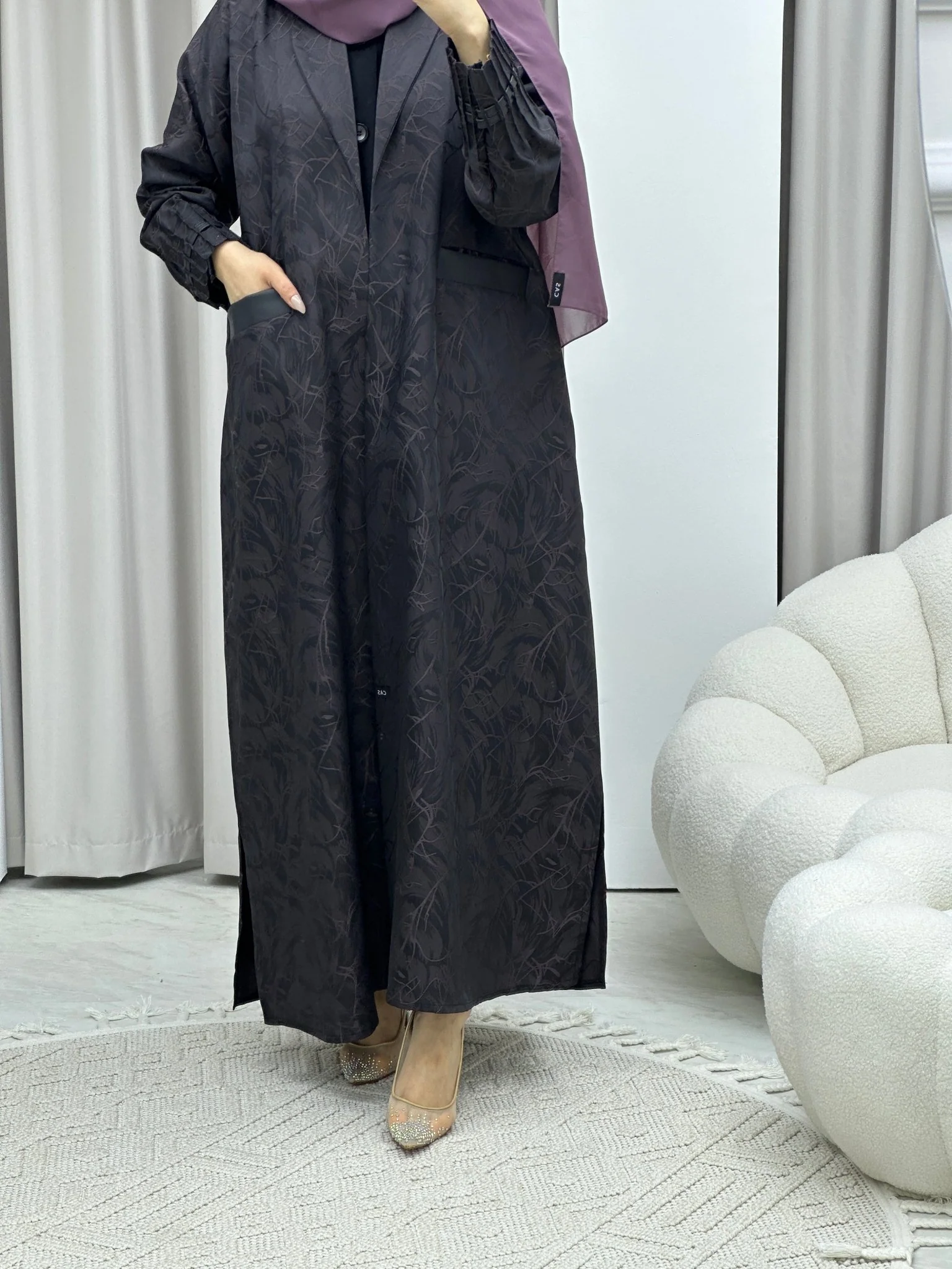 C Swirl Print Purple Coat Abaya - Image 2