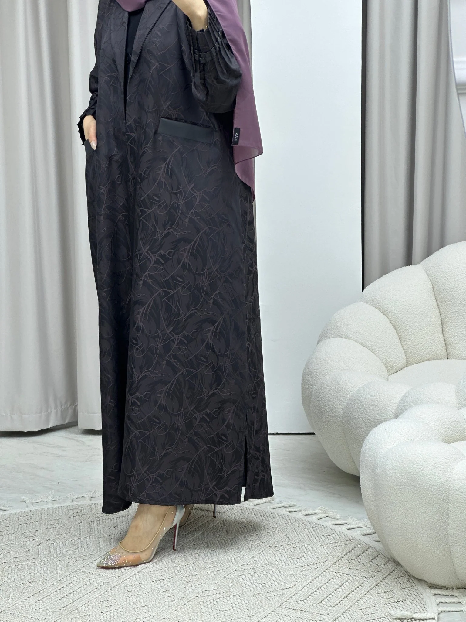 C Swirl Print Purple Coat Abaya - Image 3