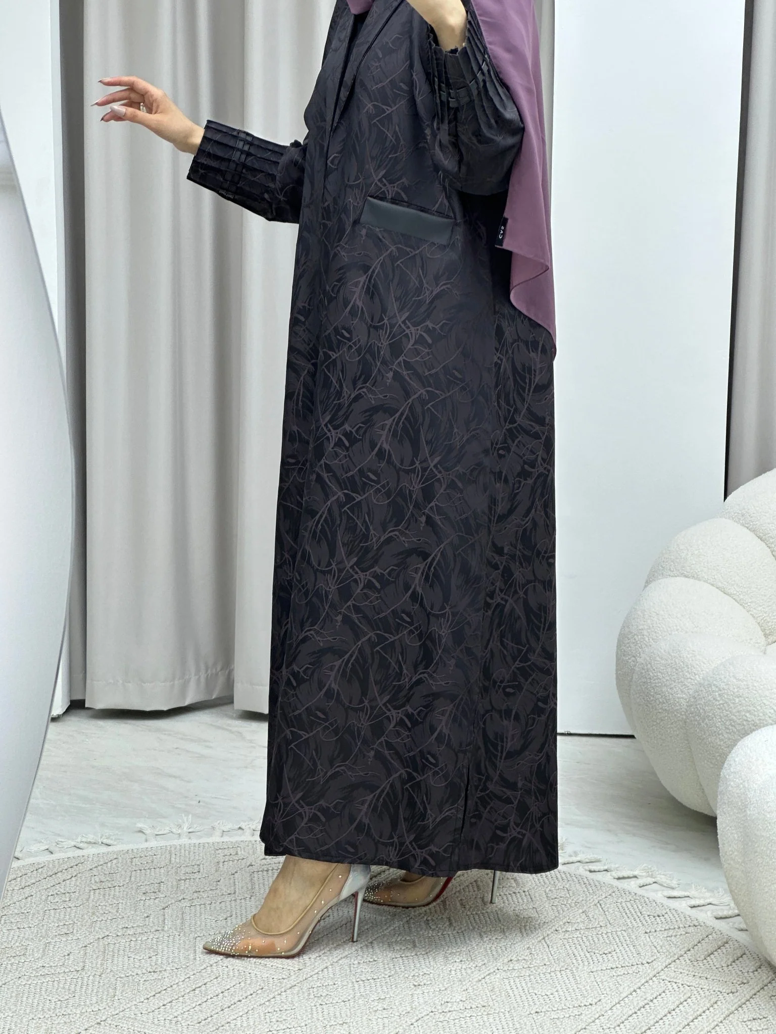 C Swirl Print Purple Coat Abaya - Image 5