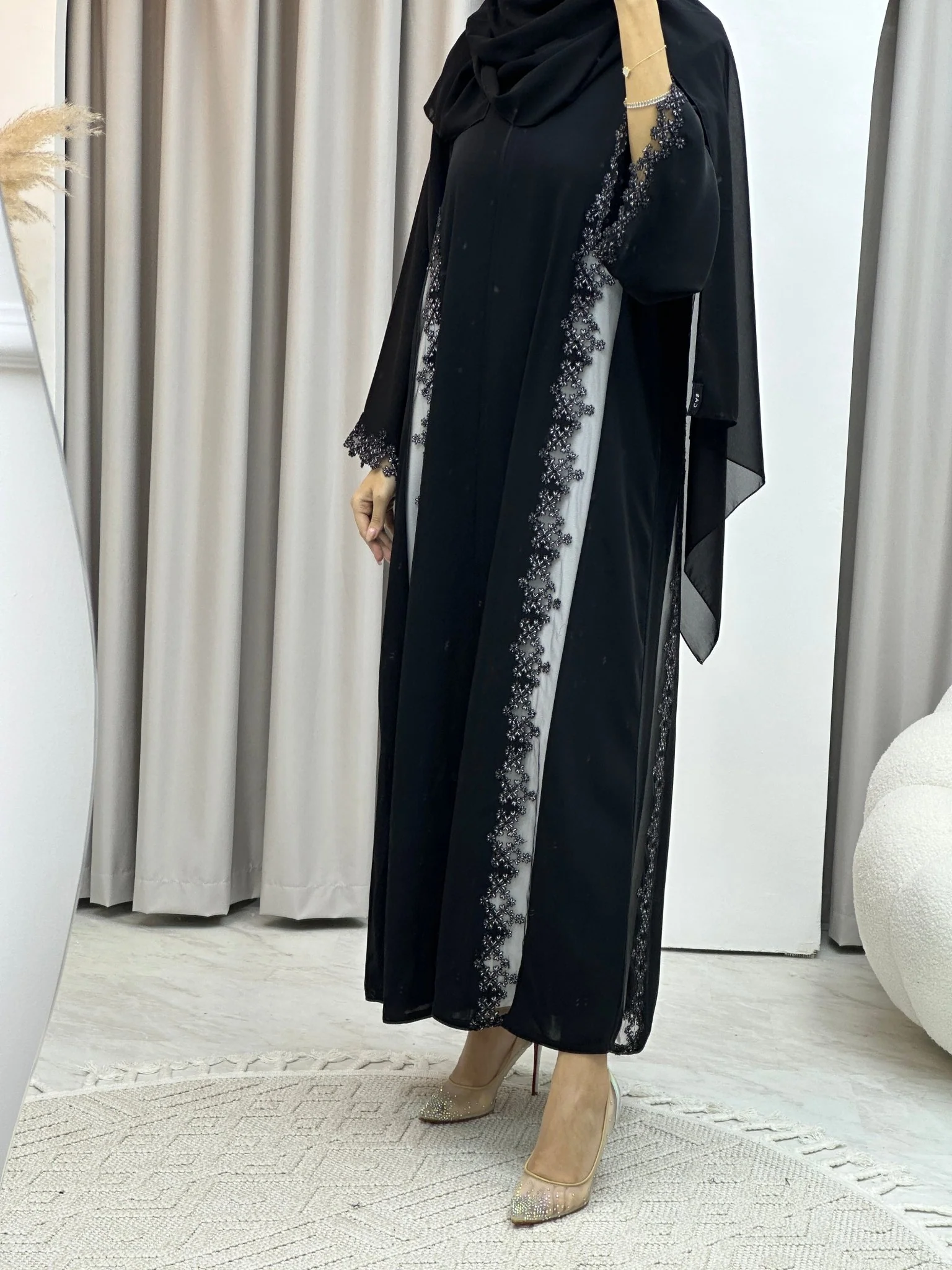 C White Floral Lace Black Abaya - Image 7