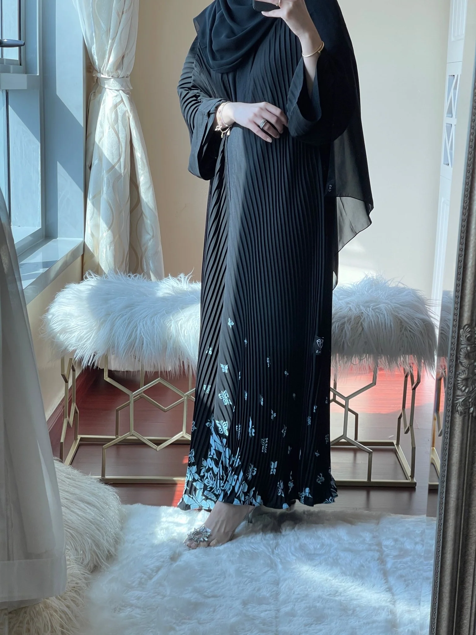 C-Pleated-Black-Blue-Butterflies-Abaya - Image 3