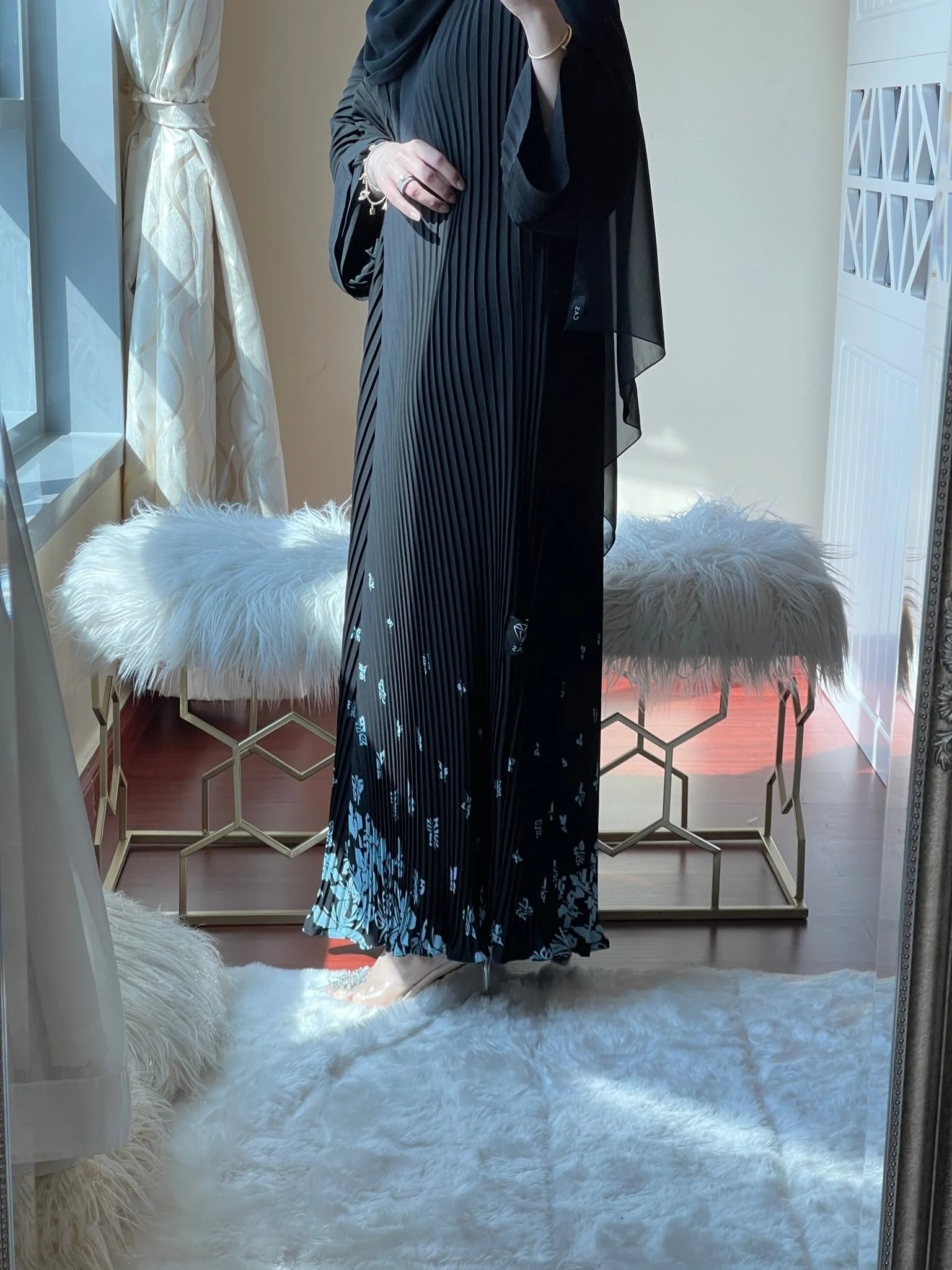 C-Pleated-Black-Blue-Butterflies-Abaya - Image 4